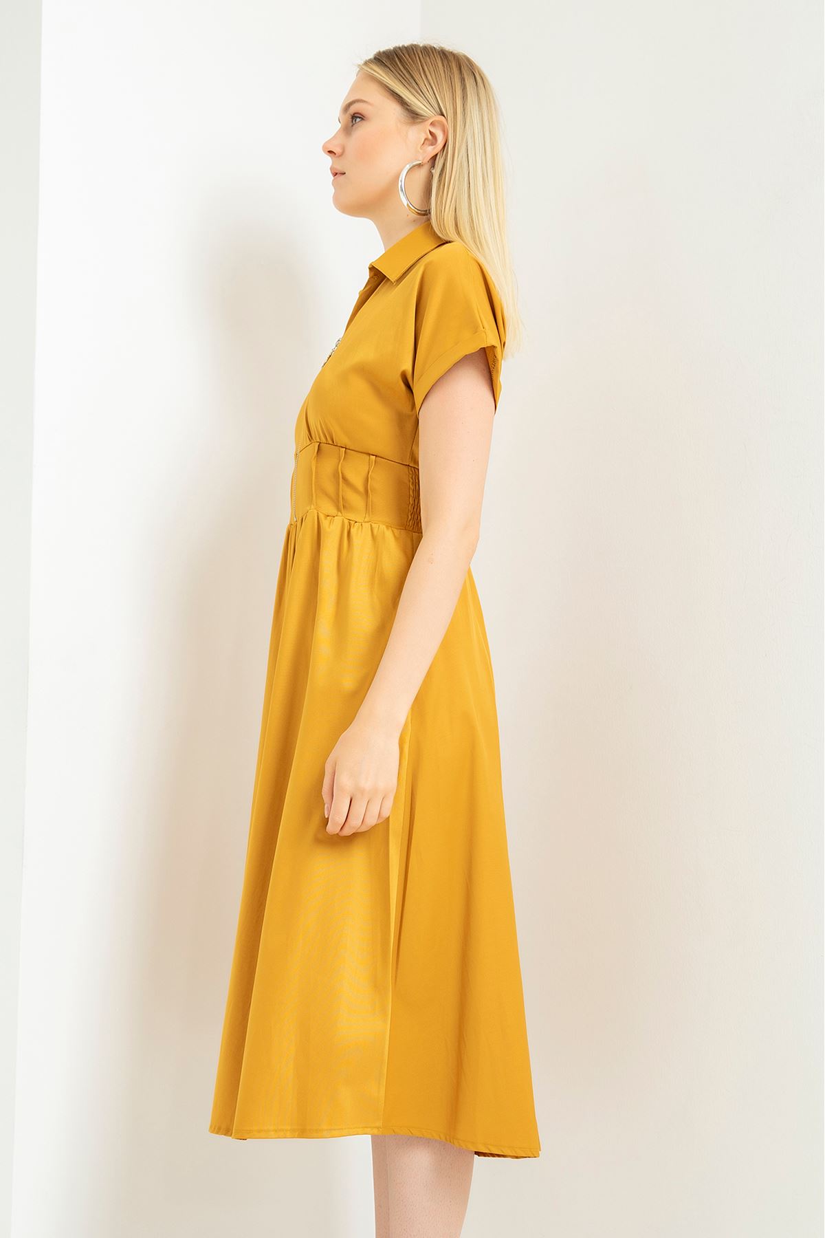 Erika Fabric Short Sleeve Zip Neck Midi Women Dress - Mustard