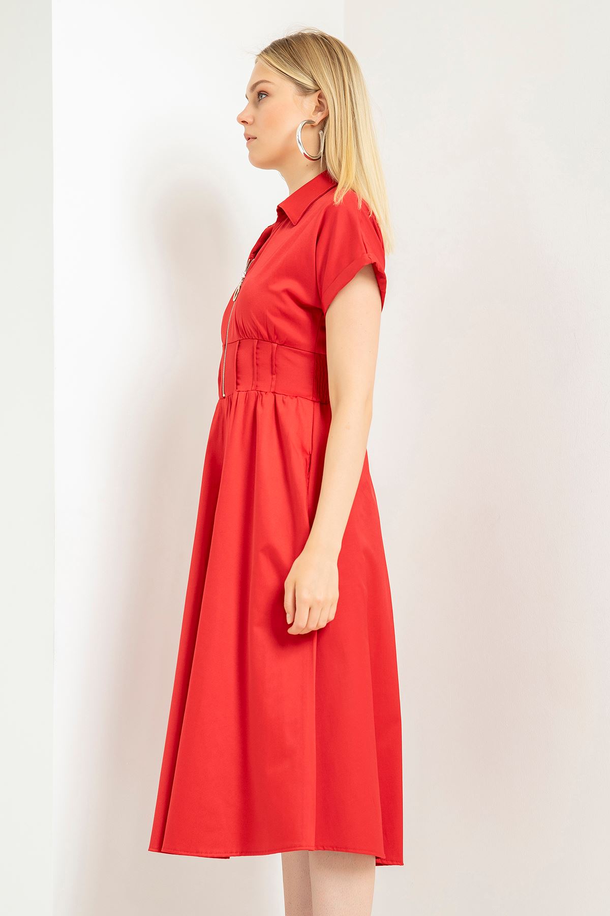 فستان نسائي إريكا ذراع قصير مع سحاب ميدي - أحمر