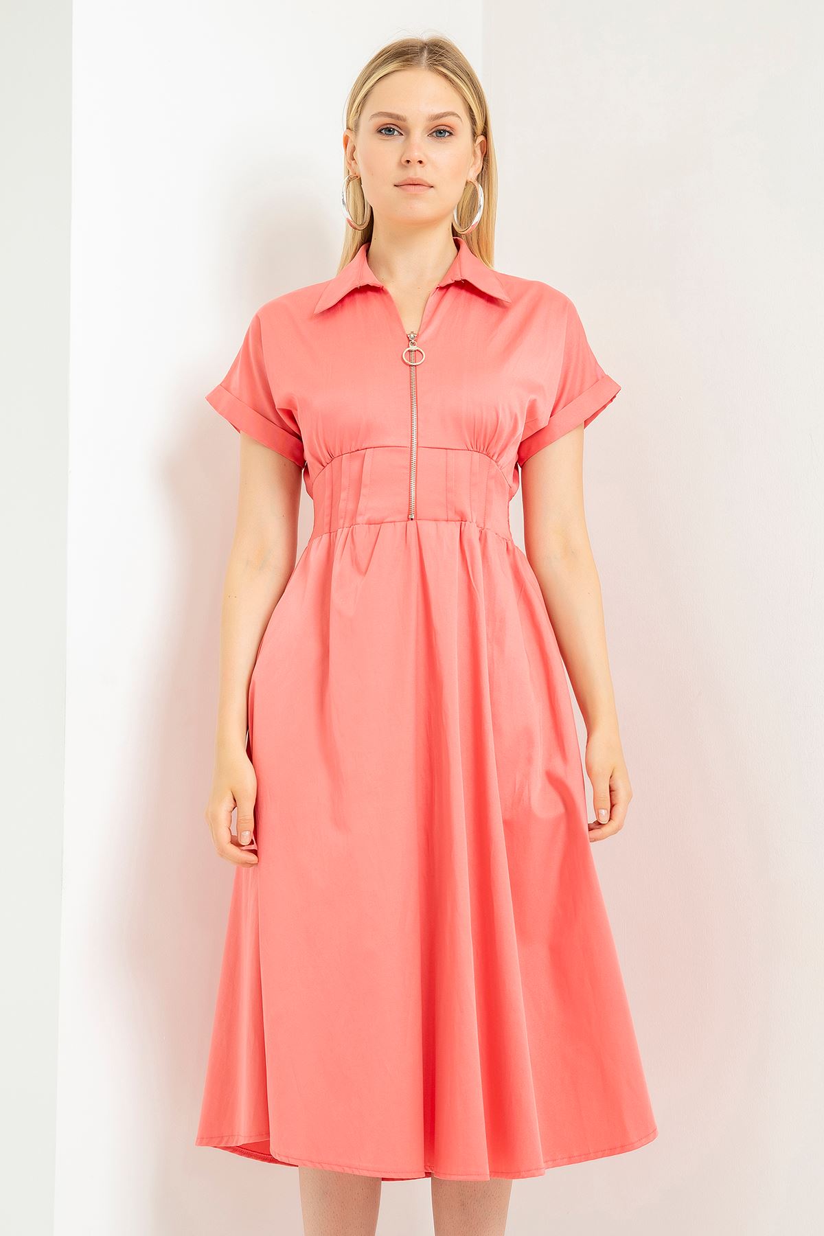 Erika Fabric Short Sleeve Zip Neck Midi Full Fit Women Dress - Pomegrante Flower