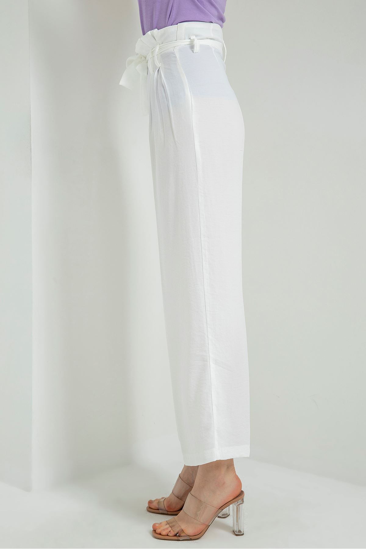 Linen Fabric Wide Long Loose Leg Women'S Trouser - Ecru