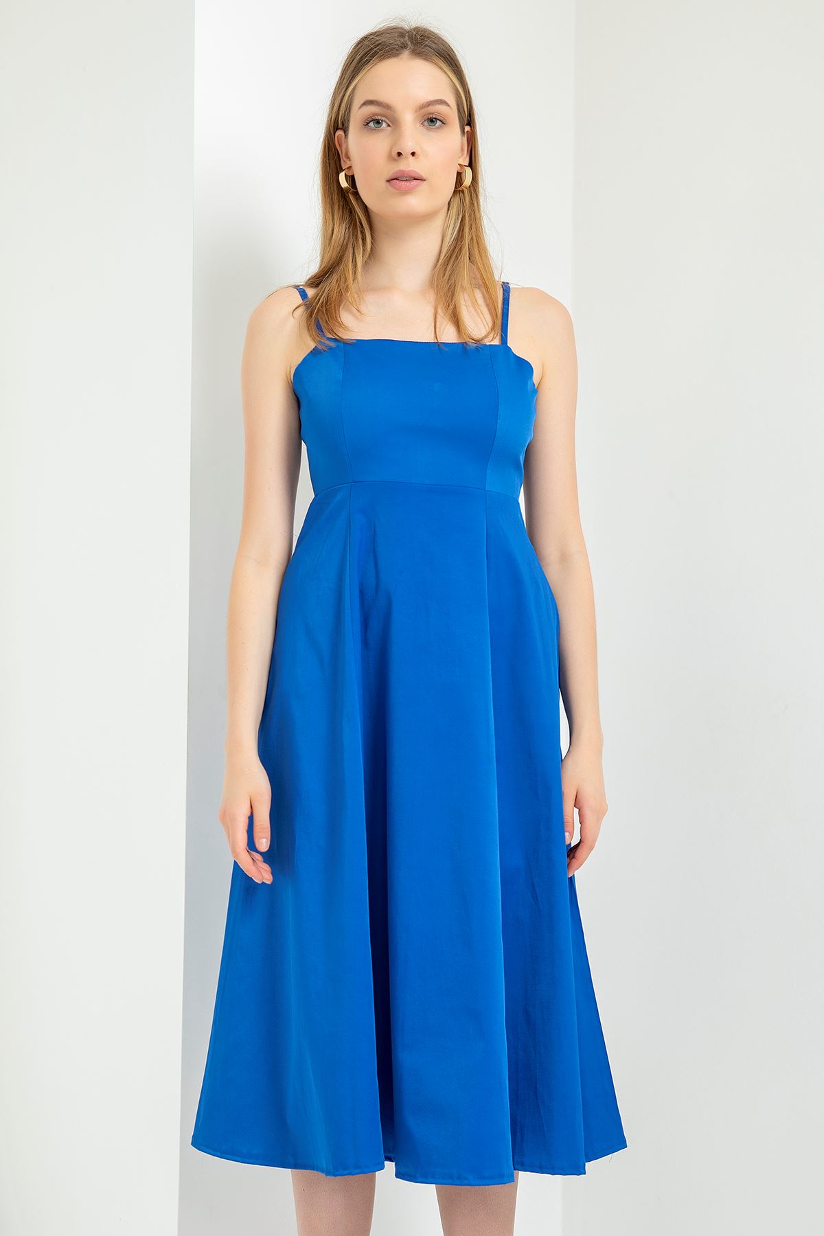 Erika Fabric Sleeveless Spaghetti Strap Midi A Cut Women Dress - Navy Blue 