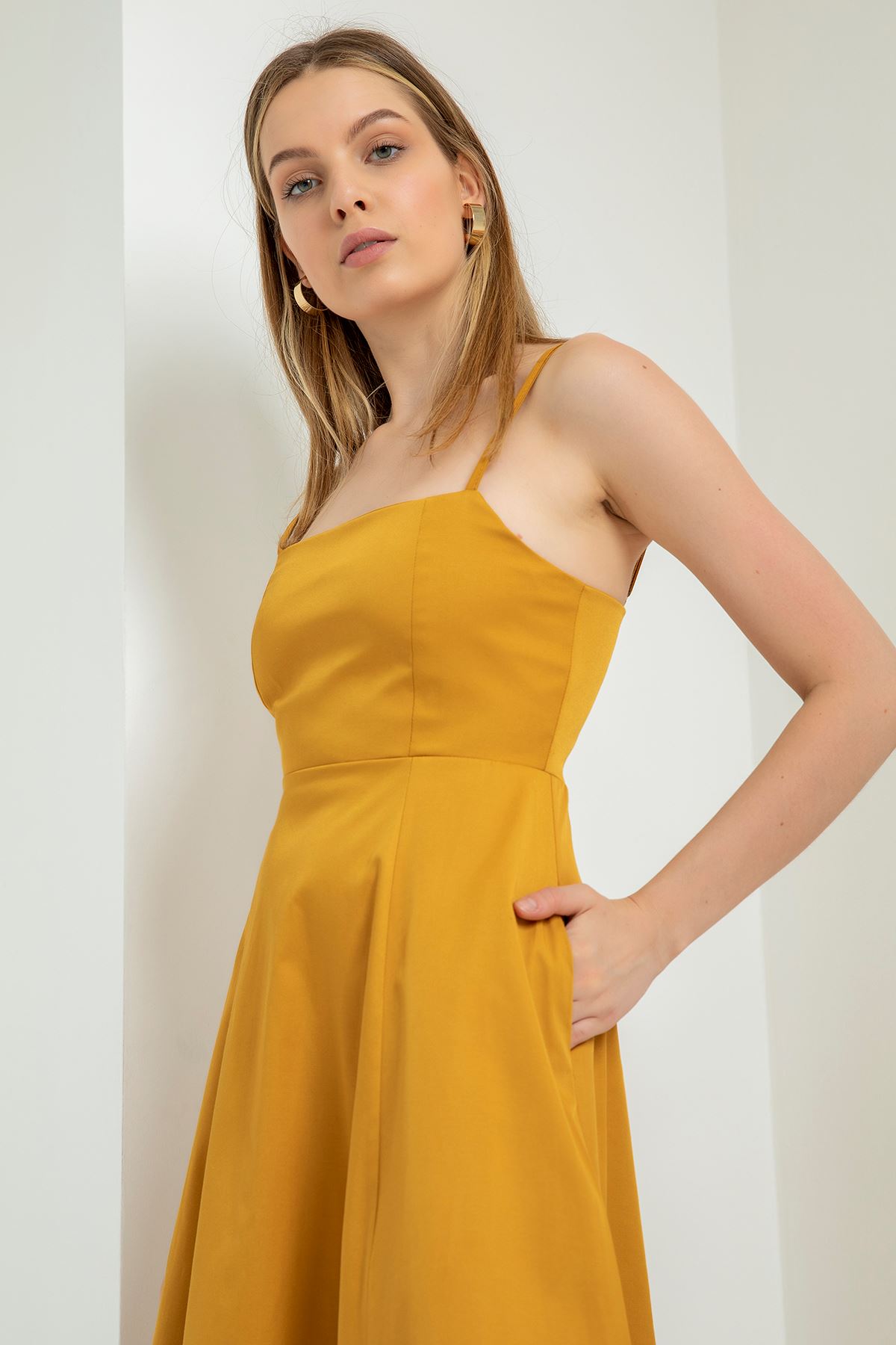 Erika Fabric Sleeveless Spaghetti Strap Midi A Cut Women Dress - Mustard