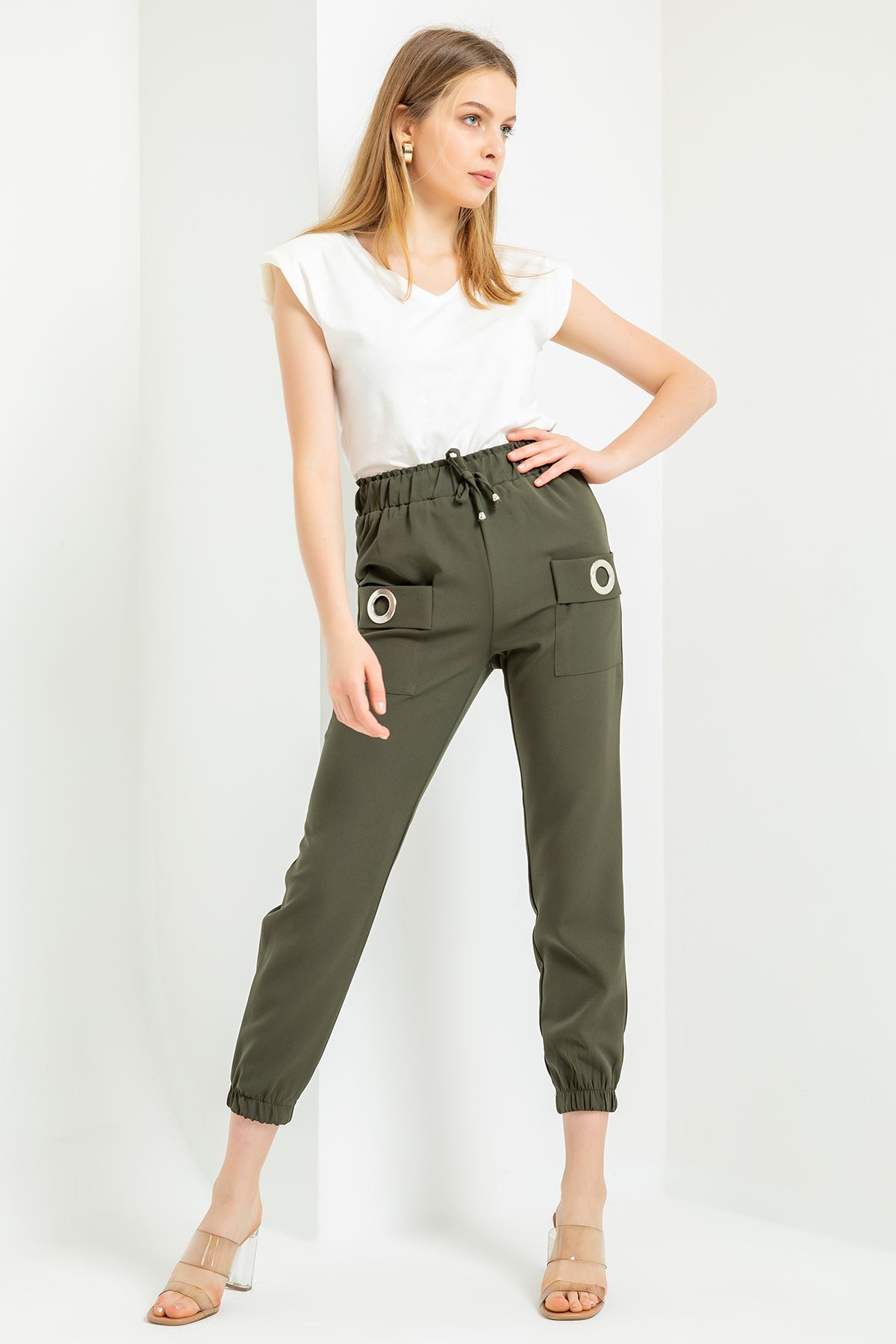 Licra Fabric Ankle Length Elastic Waist Jogger Women'S Trouser - Khaki 
