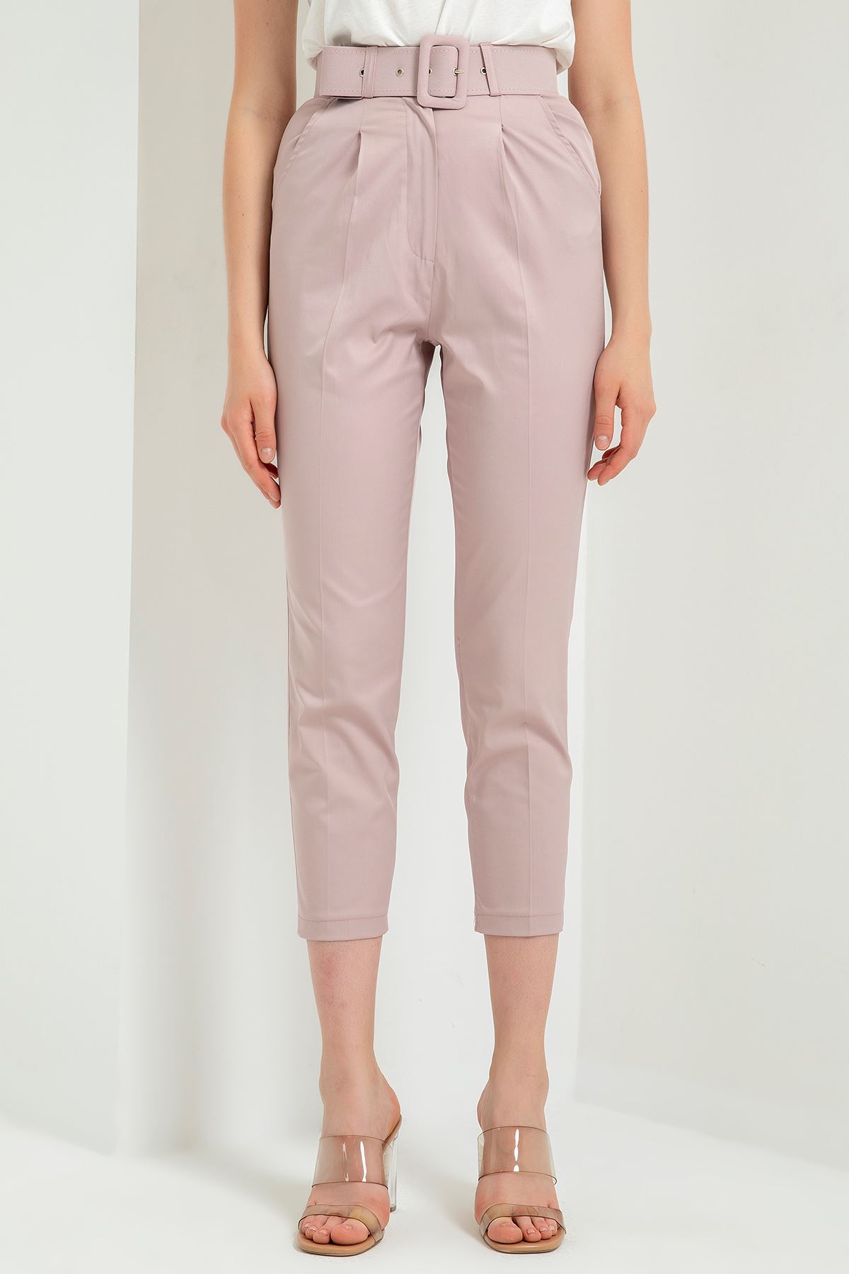 атласный ткань 3/4 длина Женские брюки с ремнем - Светло розовый