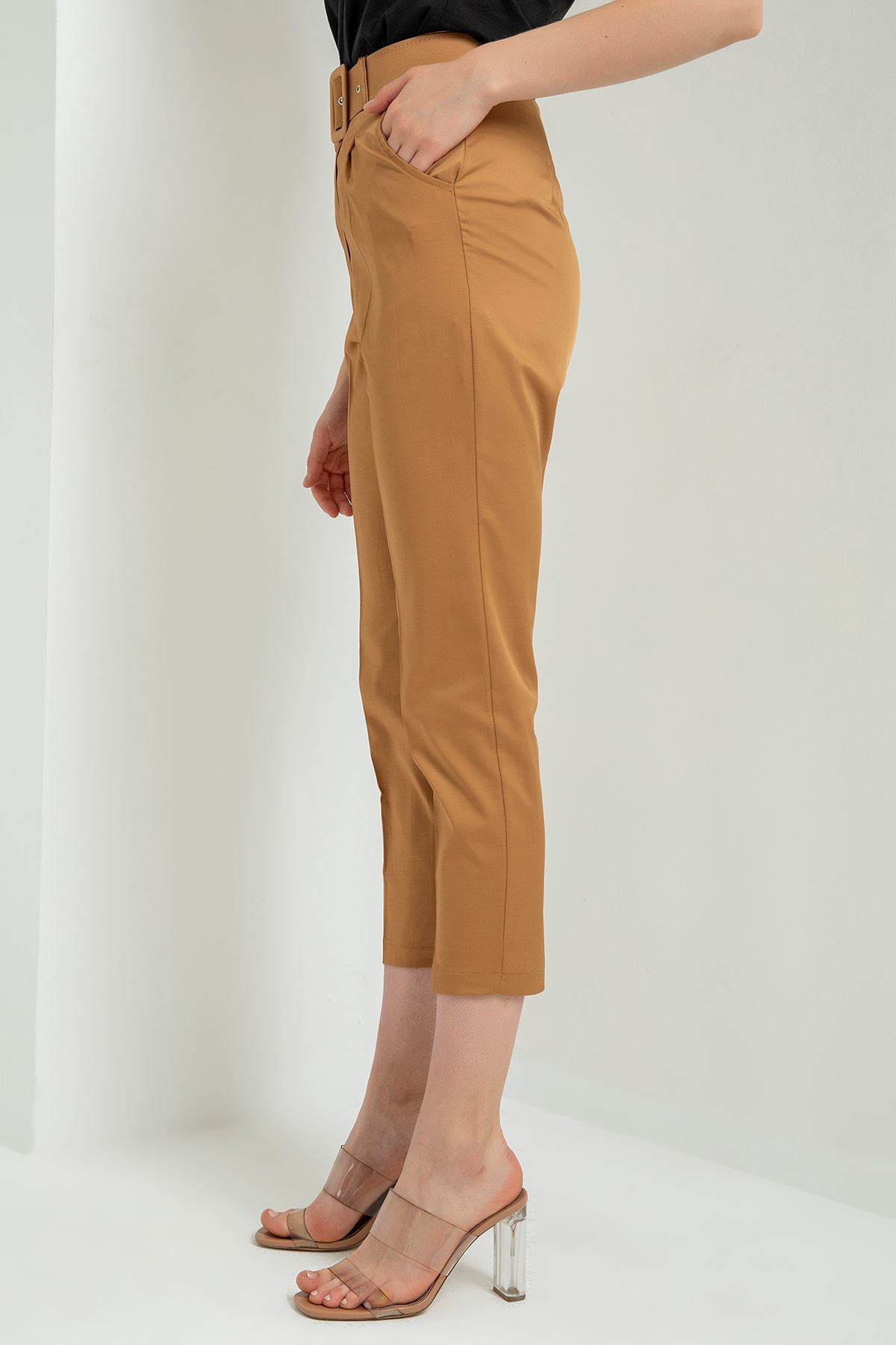 атласный ткань 3/4 длина Женские брюки с ремнем - Коричневый