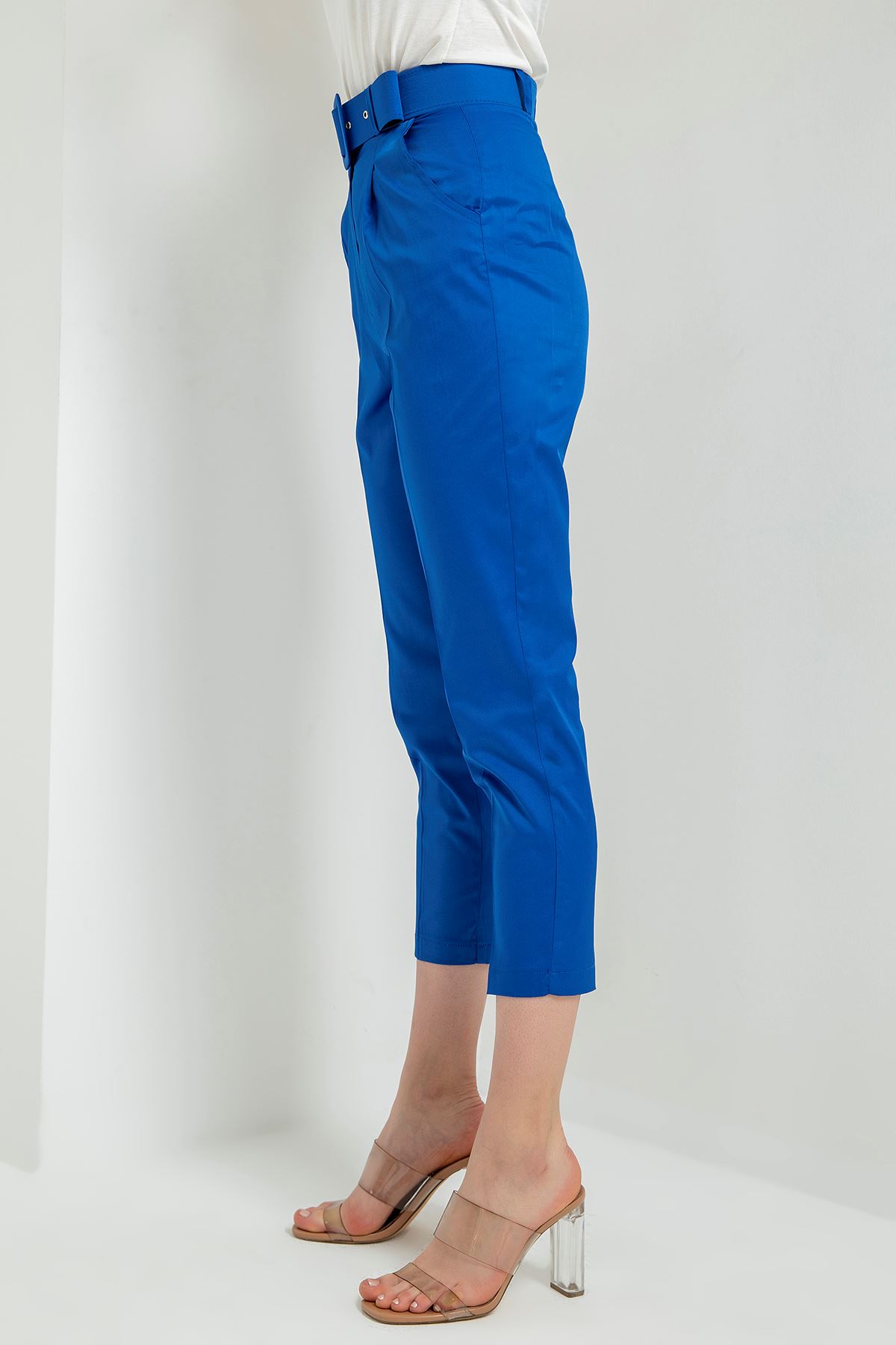 атласный ткань 3/4 длина Женские брюки с ремнем - Индиго
