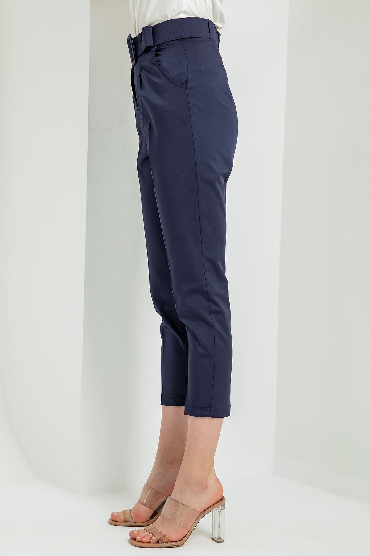 атласный ткань 3/4 длина Женские брюки с ремнем - Темно синий