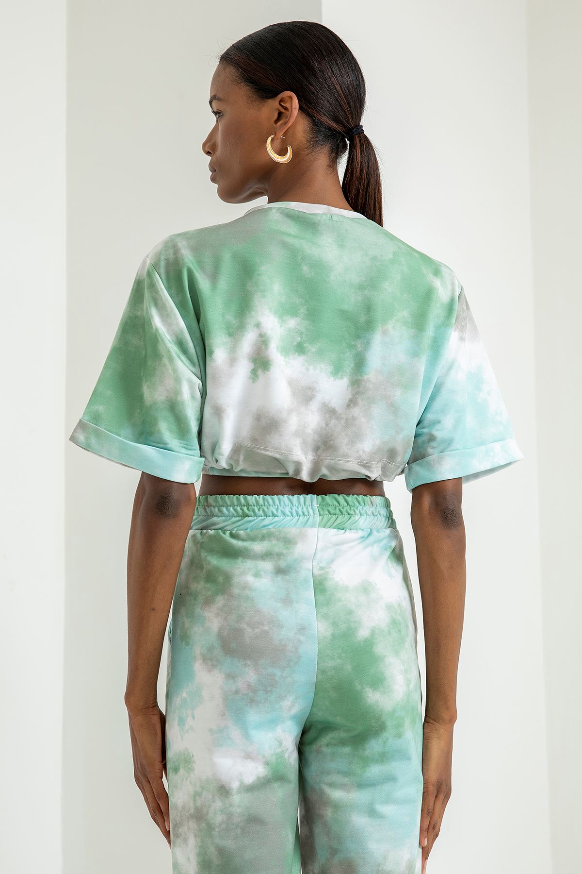 Double Knit Fabric Bicycle Collar Oversize Cloud Print Women Crop - Green