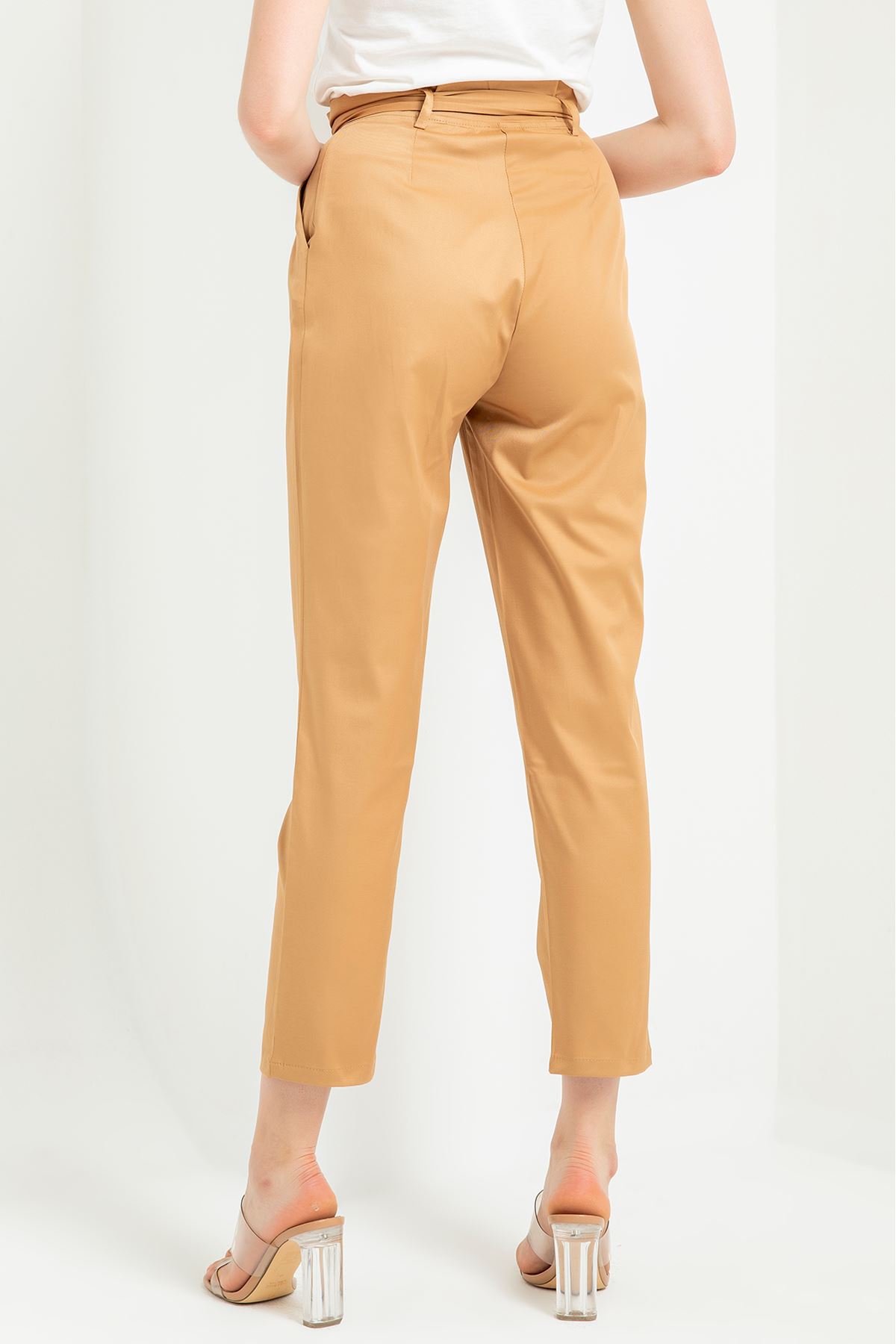 Woven Fabric Ankle Length Carrot Style Belted Women'S Trouser - Light Brown