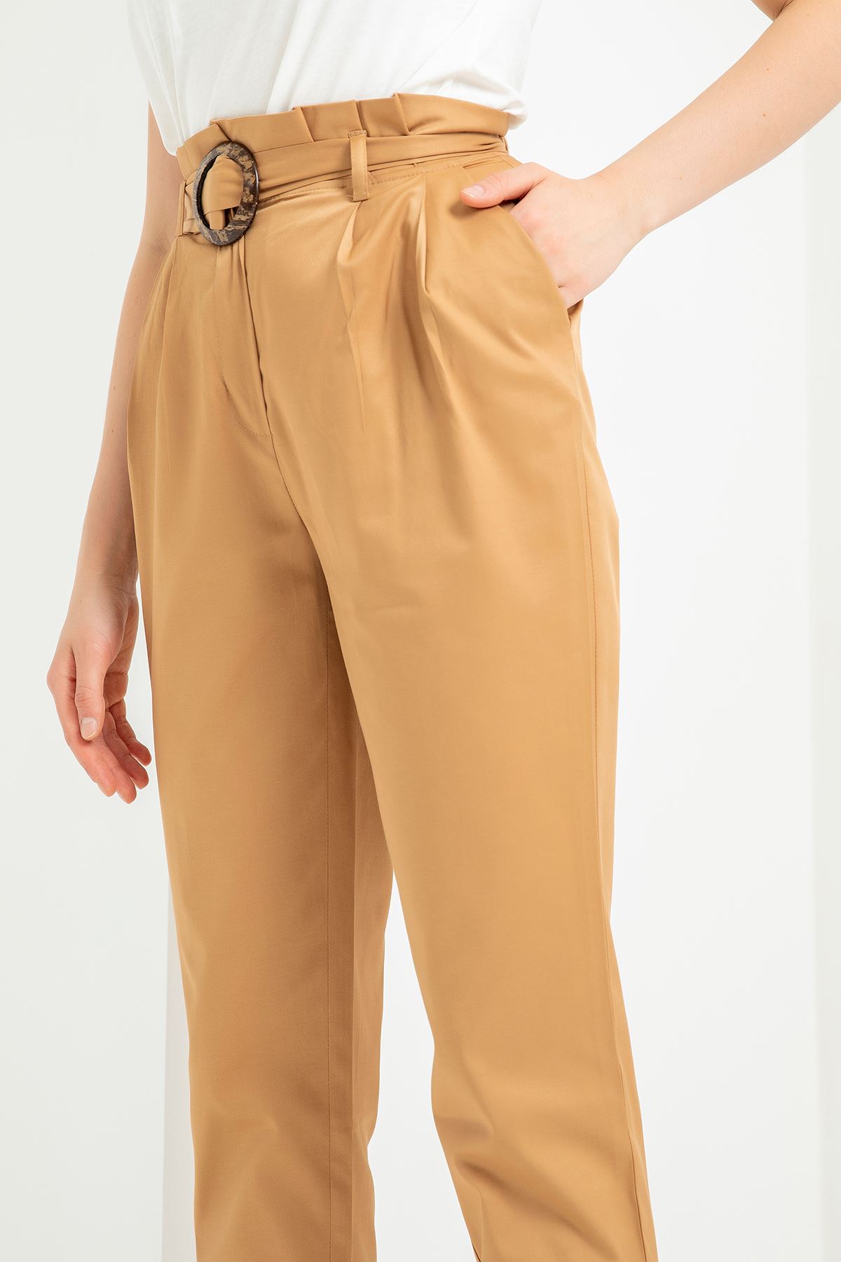 Тканые ткани морковь фасон Женские брюки с ремнем  - Светло коричневый