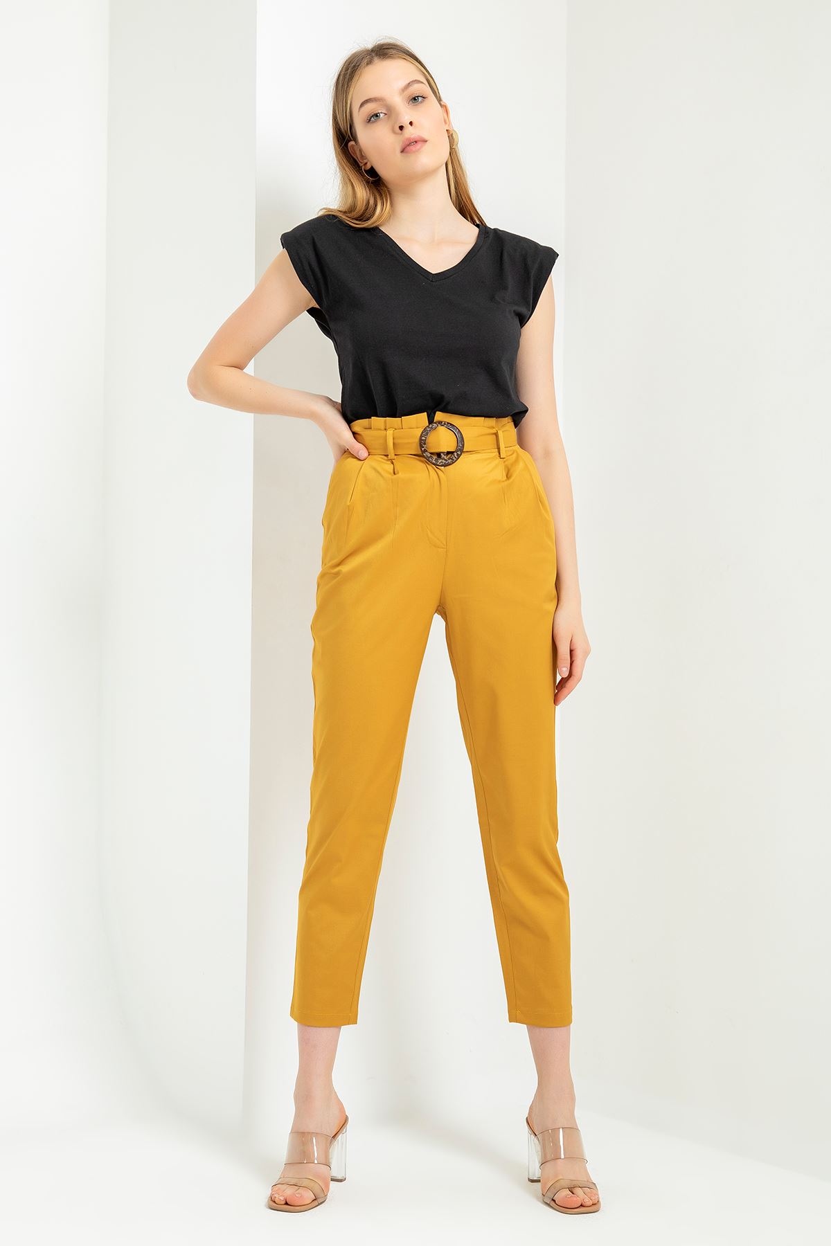 Woven Fabric Ankle Length Carrot Style Belted Women'S Trouser - Mustard