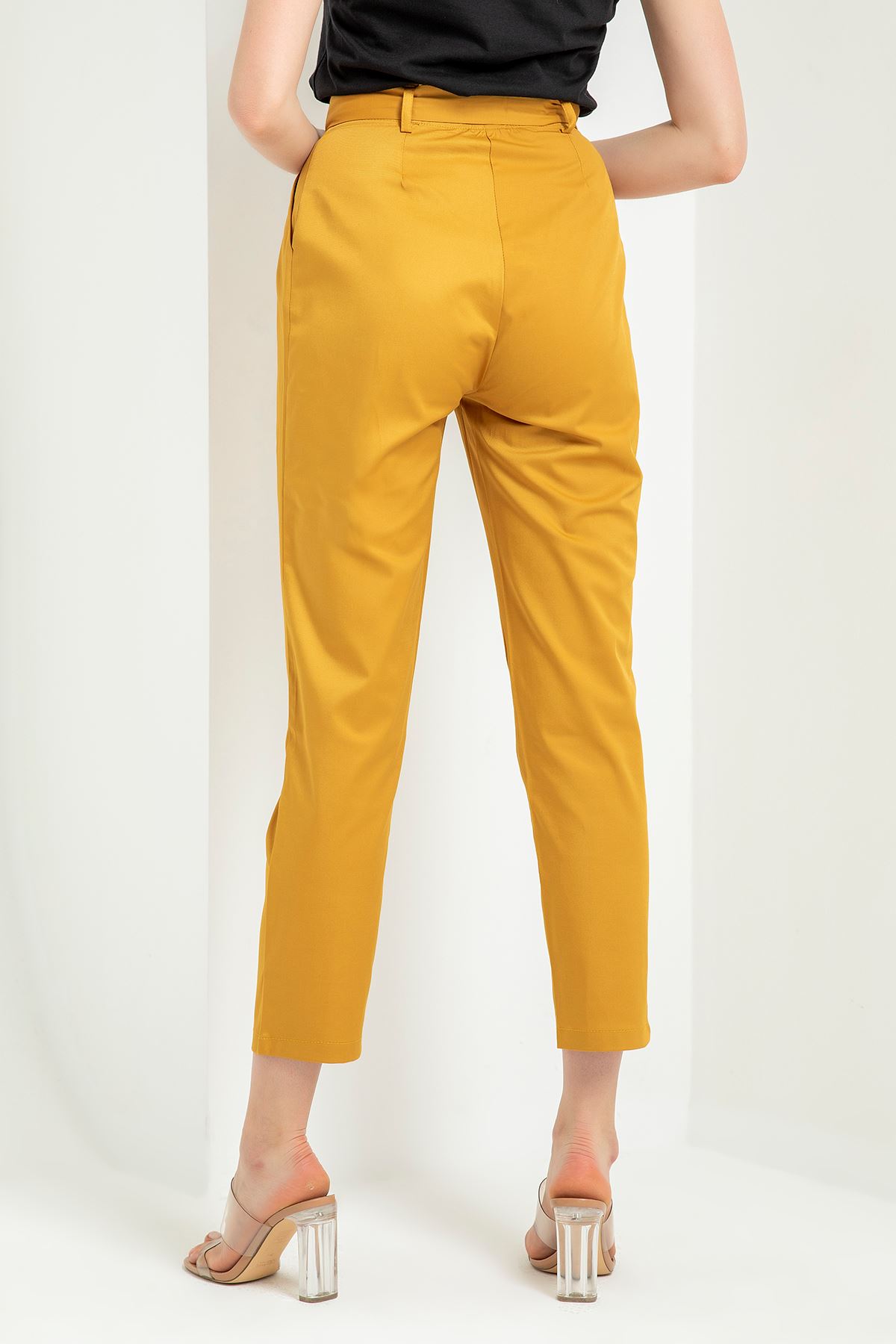 Woven Fabric Ankle Length Carrot Style Belted Women'S Trouser - Mustard
