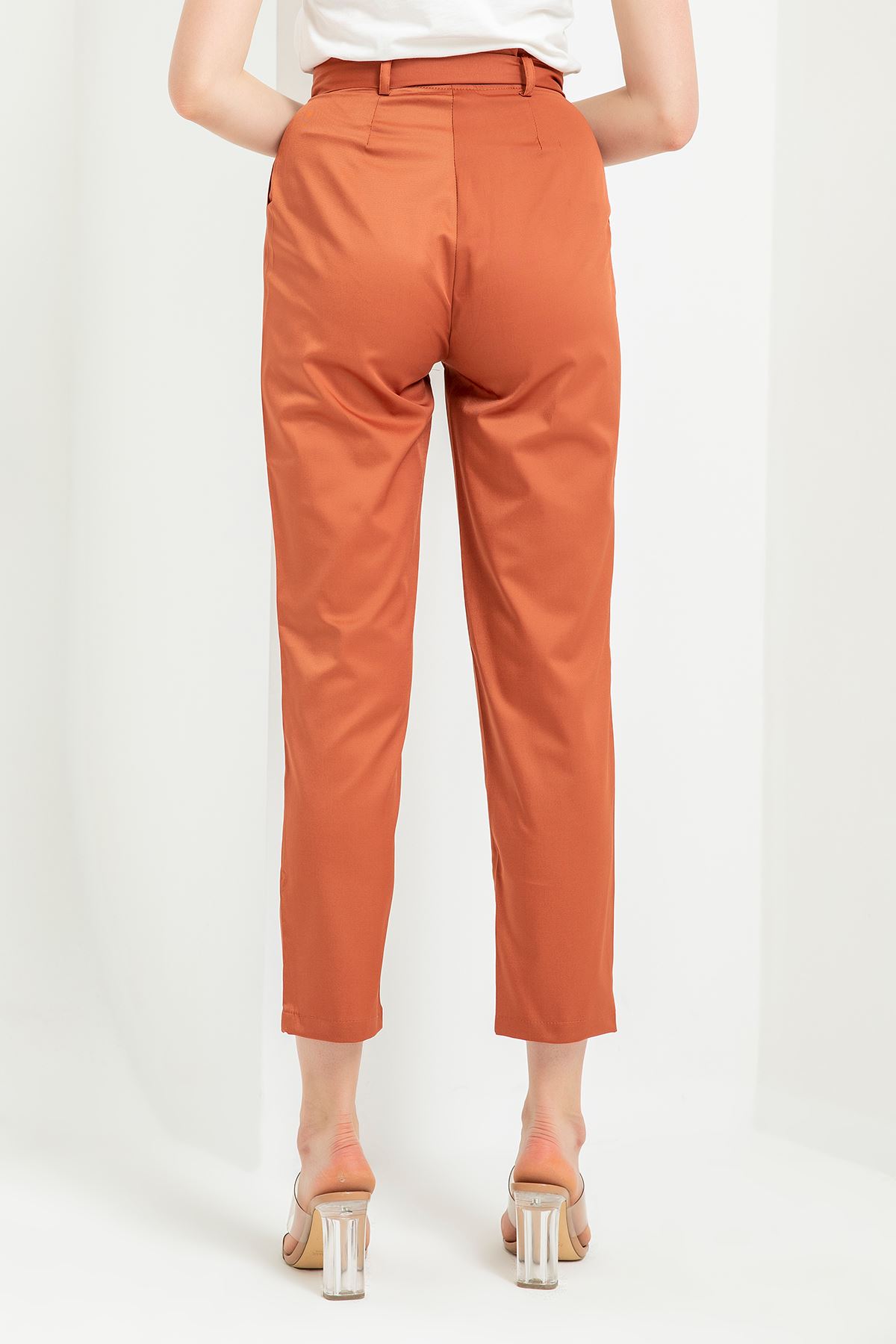 Woven Fabric Ankle Length Carrot Style Belted Women'S Trouser - Brick 