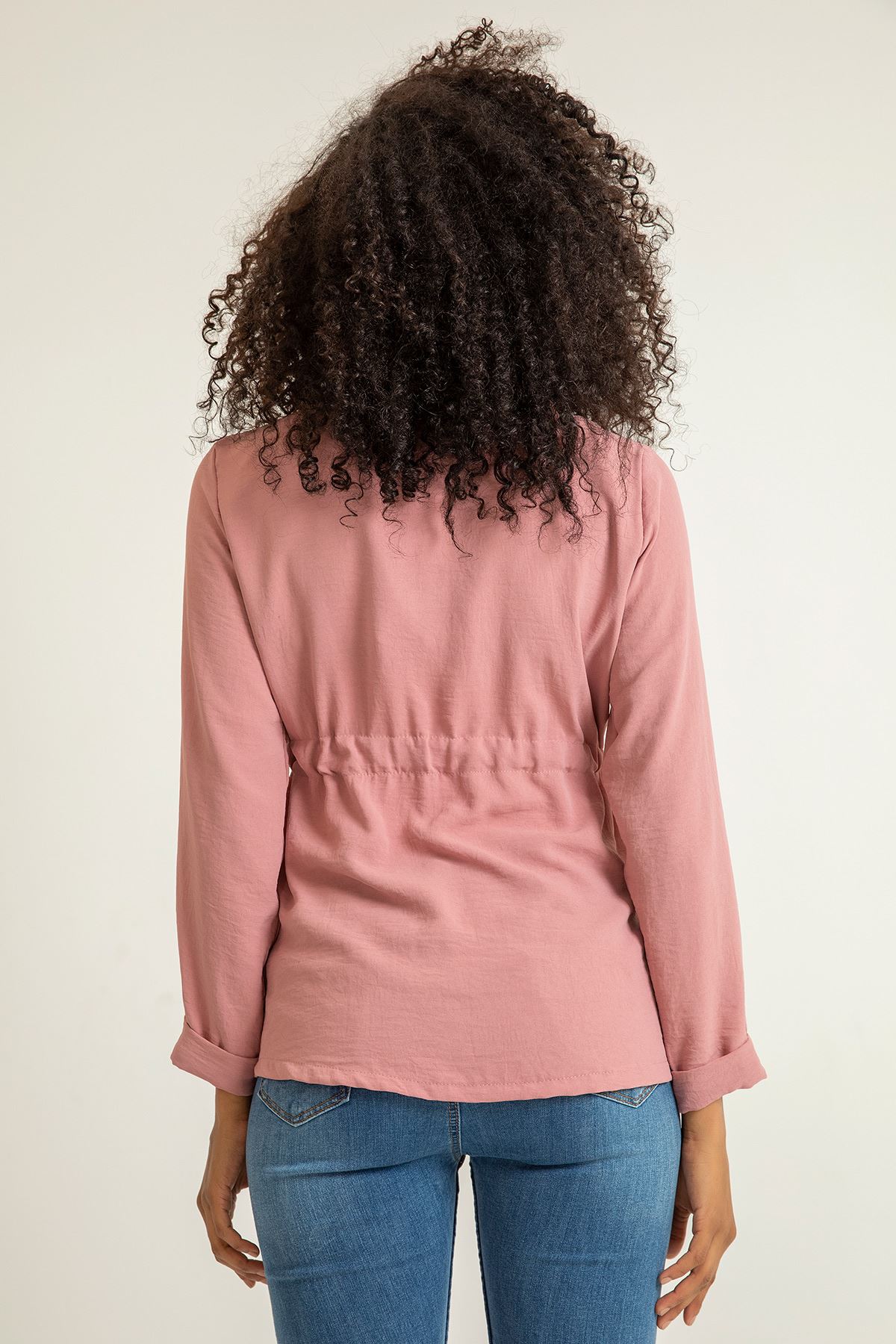 Aerobin Fabric Long Sleeve Shawl Collar Hip Height Tied Front Women Jacket - Light Pink