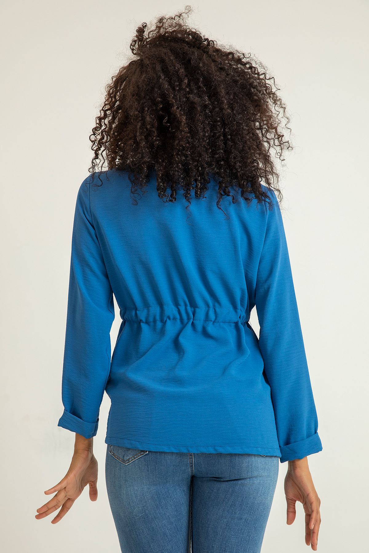 Aerobin Fabric Long Sleeve Shawl Collar Hip Height Tied Front Women Jacket - Blue