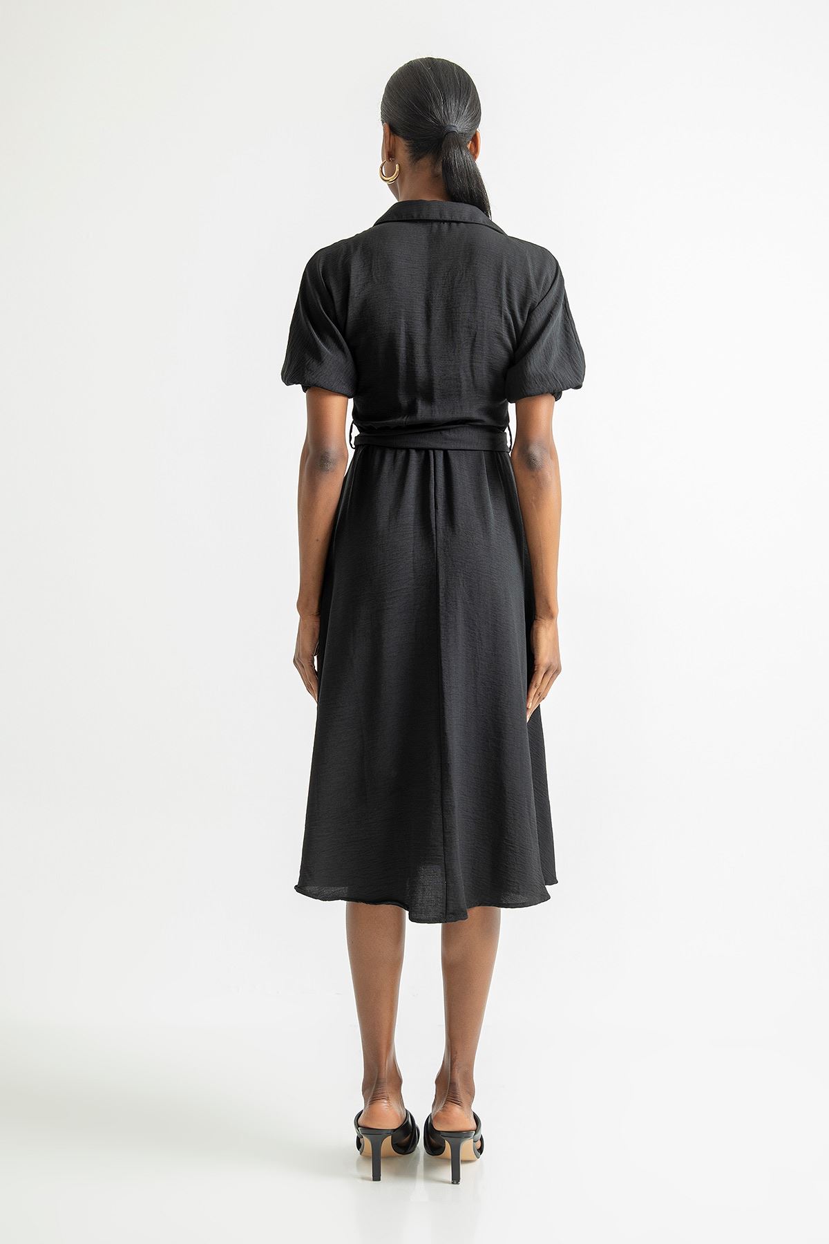 льняный ткань отложной воротник Женское платье с эластичными рукавами - Чёрный