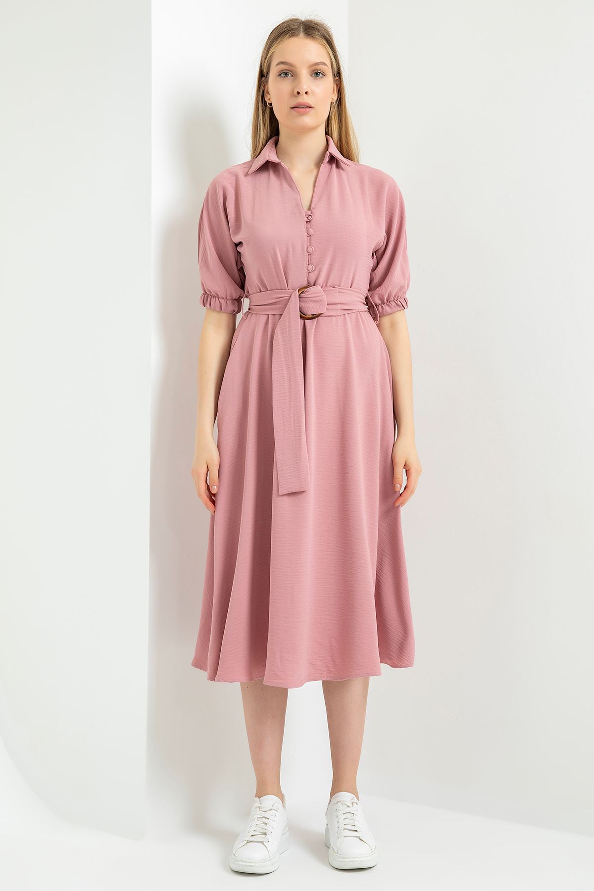 Linen Fabric Short Sleeve Shirt Collar Elastic Women Dress - Light Pink
