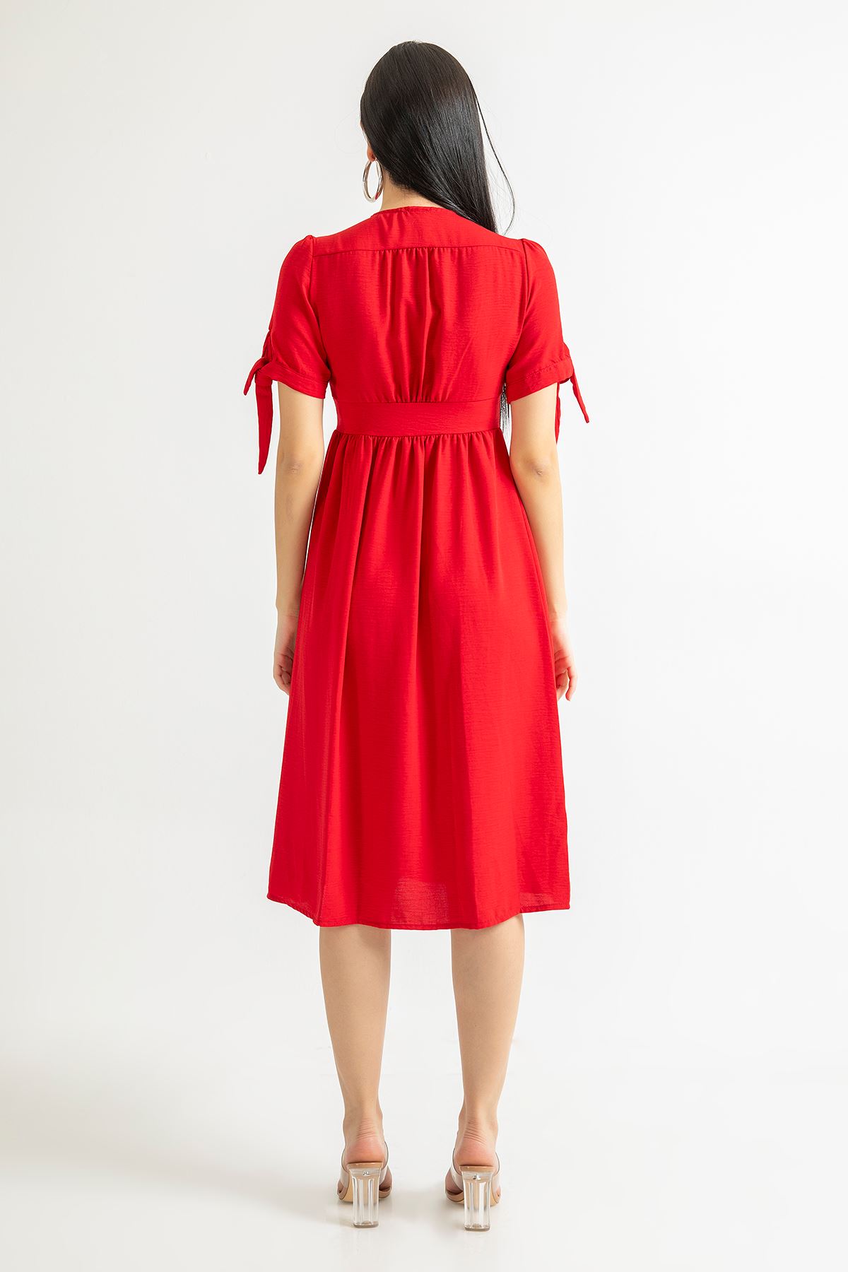 فستان نسائي قماش ايروبين ذراع قصير الياقة V تحت الركبتين - أحمر