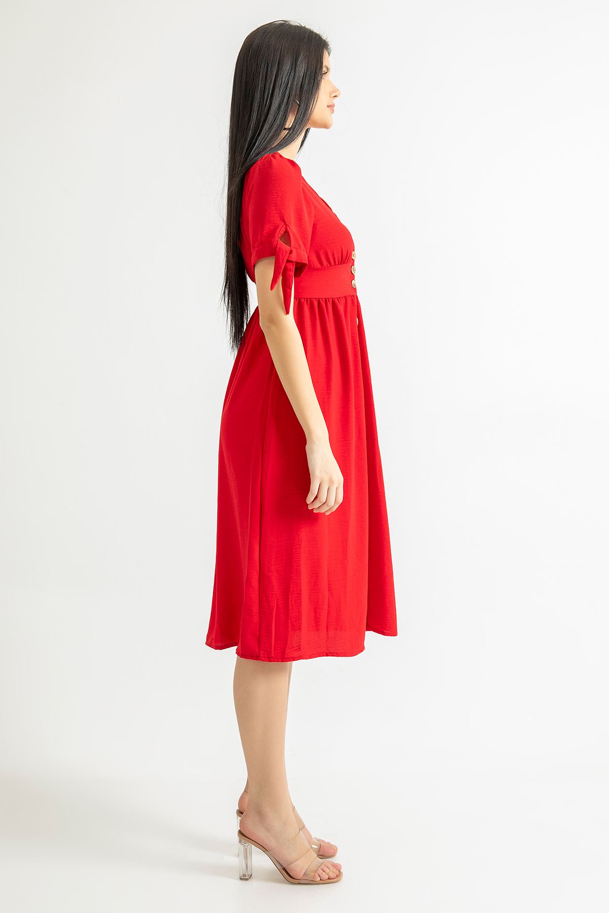 فستان نسائي قماش ايروبين ذراع قصير الياقة V تحت الركبتين - أحمر