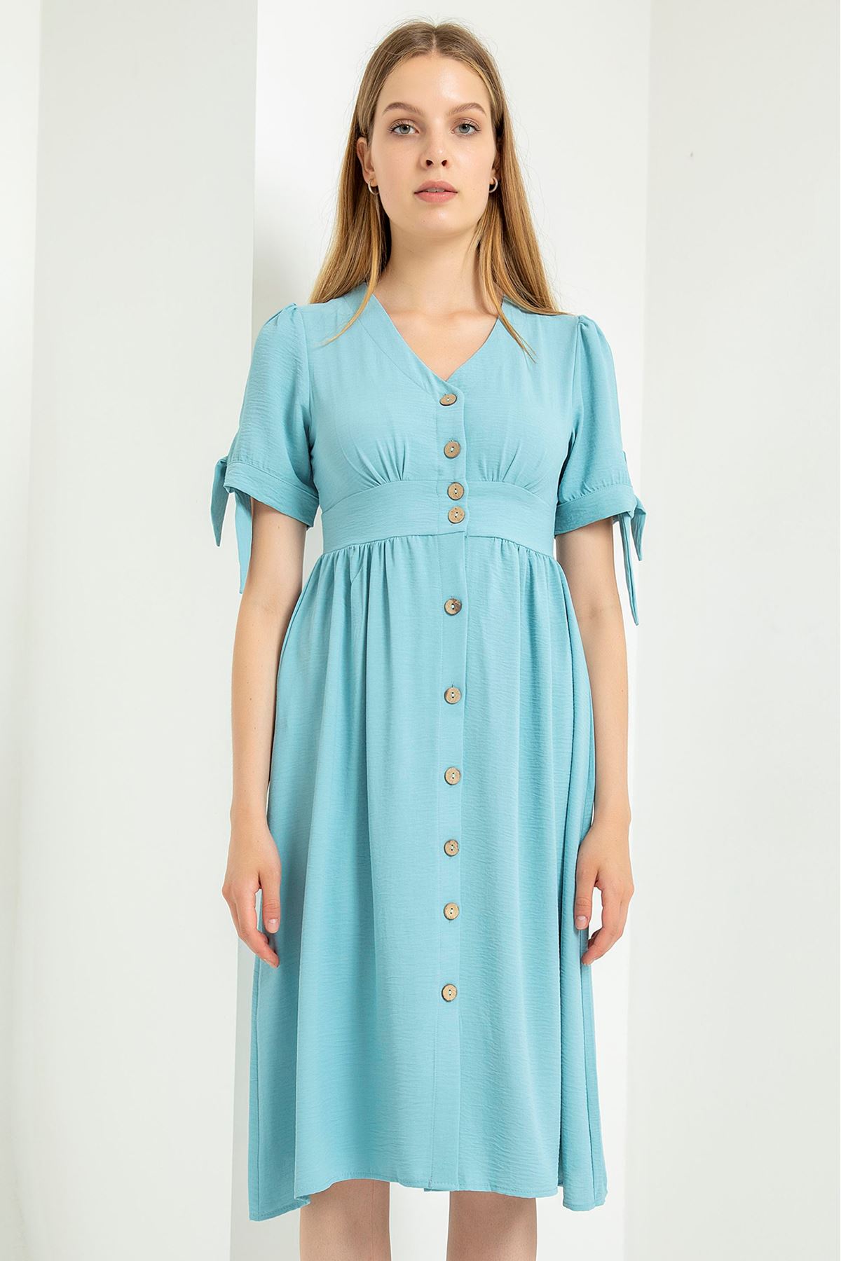 Аэробин Ткань короткий V-образный вырез Женское платье - Голубой