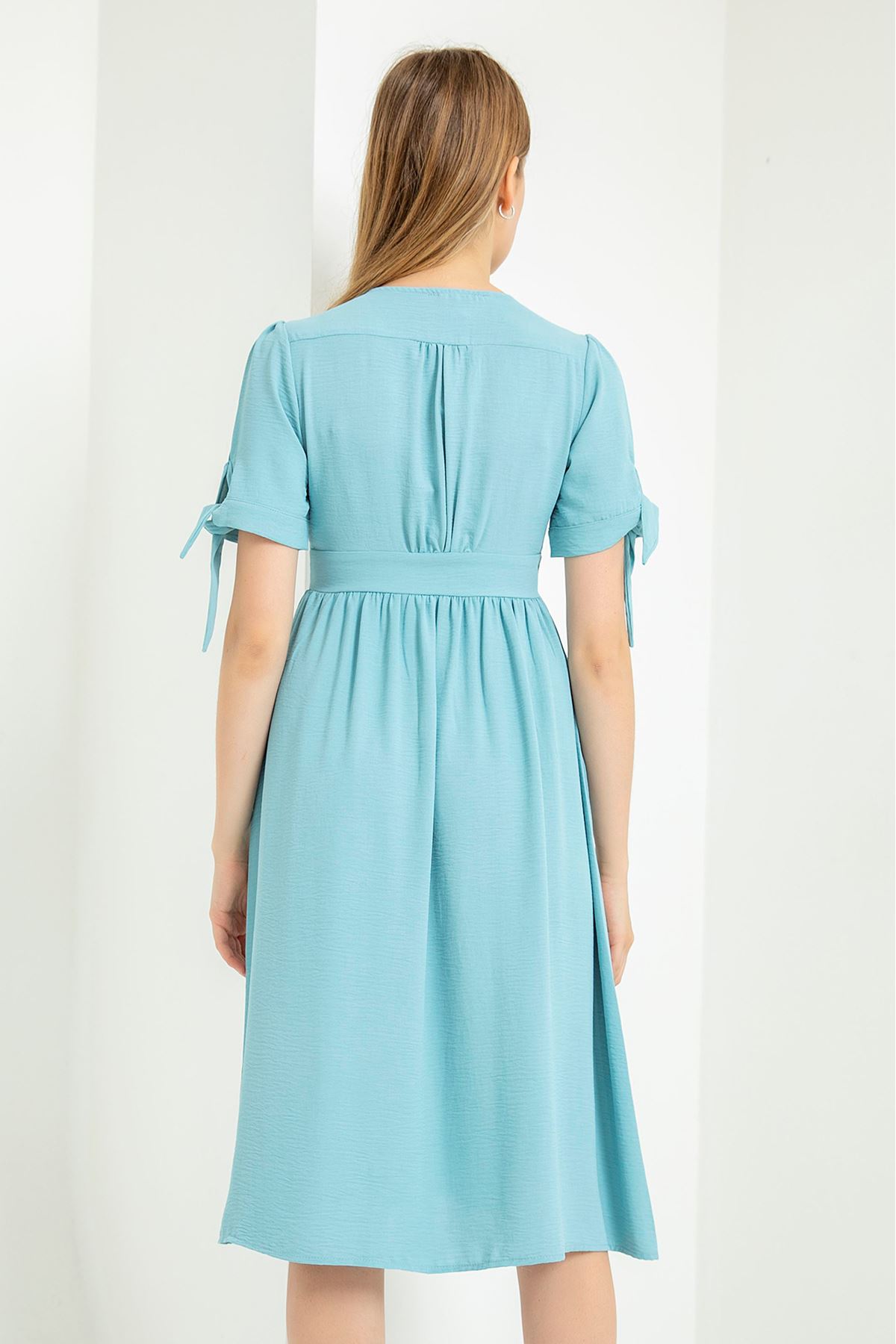 Аэробин Ткань короткий V-образный вырез Женское платье - Голубой