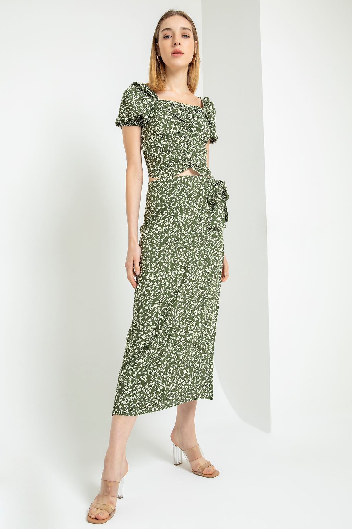 Viscose Fabric Midi Straight Crispy Floral Print Tied Women'S Skirt - Khaki 