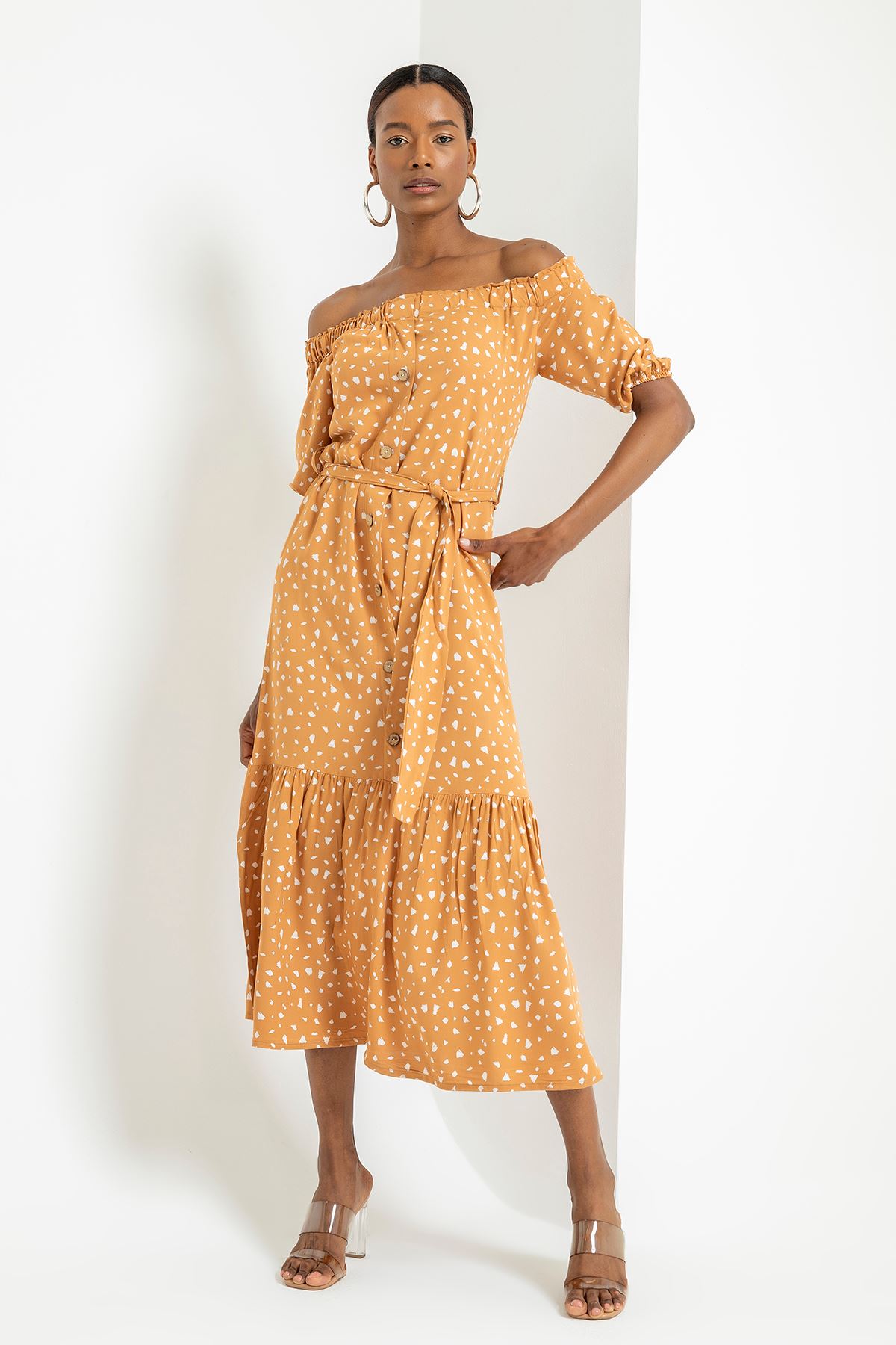 Viscose Fabric Off Shoulder Sleeve Midi Belted Crispy Print Women Dress - Light Brown