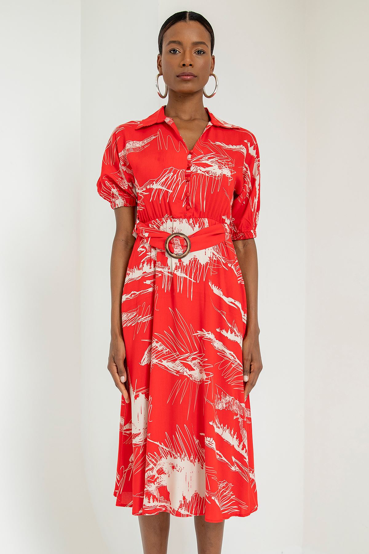 вискоза ткань V-образный вырез Женское платье с ремнем - Kрасный