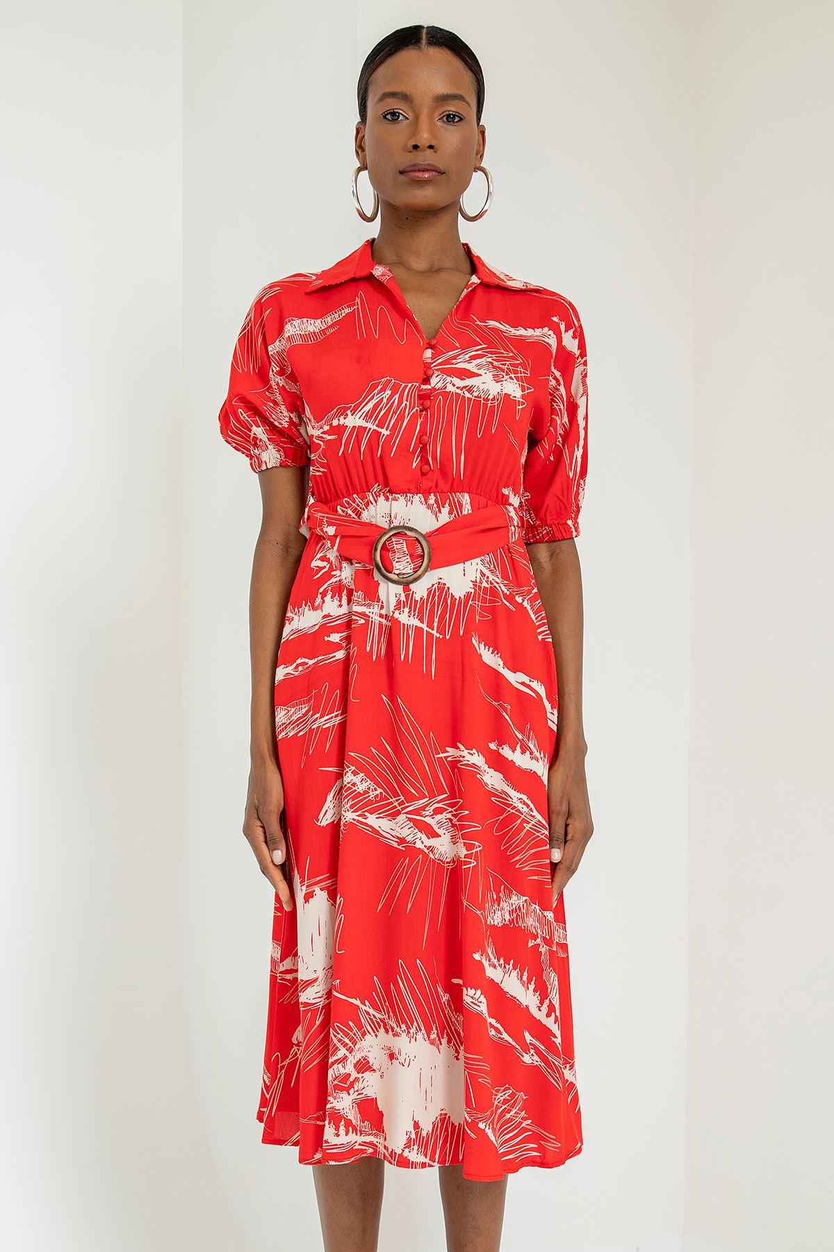 Viscose Fabric V-Neck Midi Mixed Print Women Dress With Belt - Red