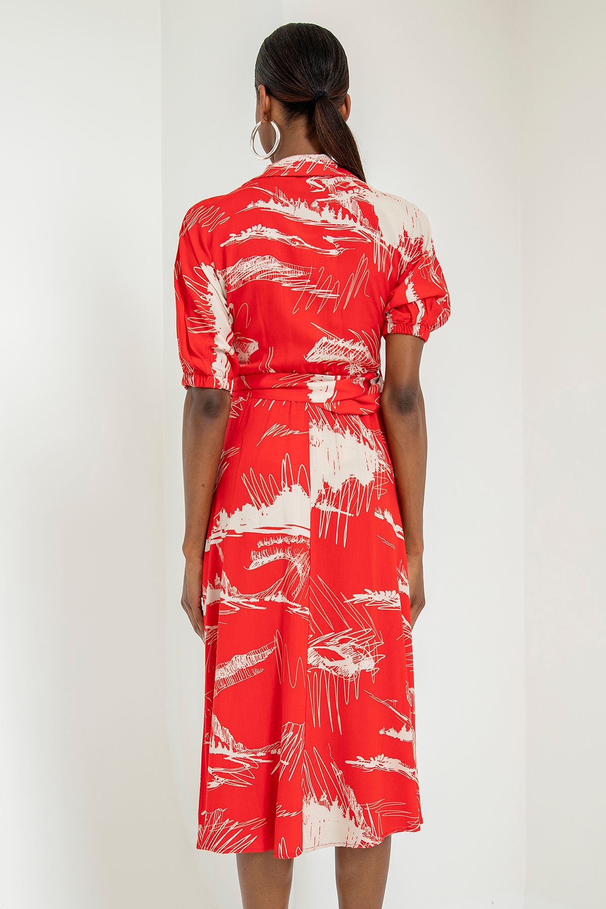 Viscose Fabric V-Neck Midi Mixed Print Women Dress With Belt - Red