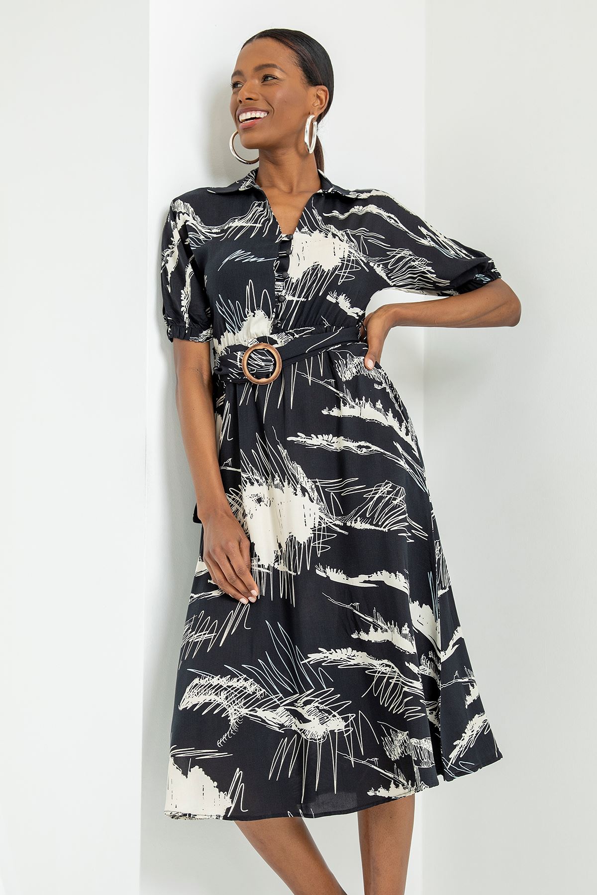 Viscose Fabric V-Neck Midi Mixed Print Women Dress With Belt - Black