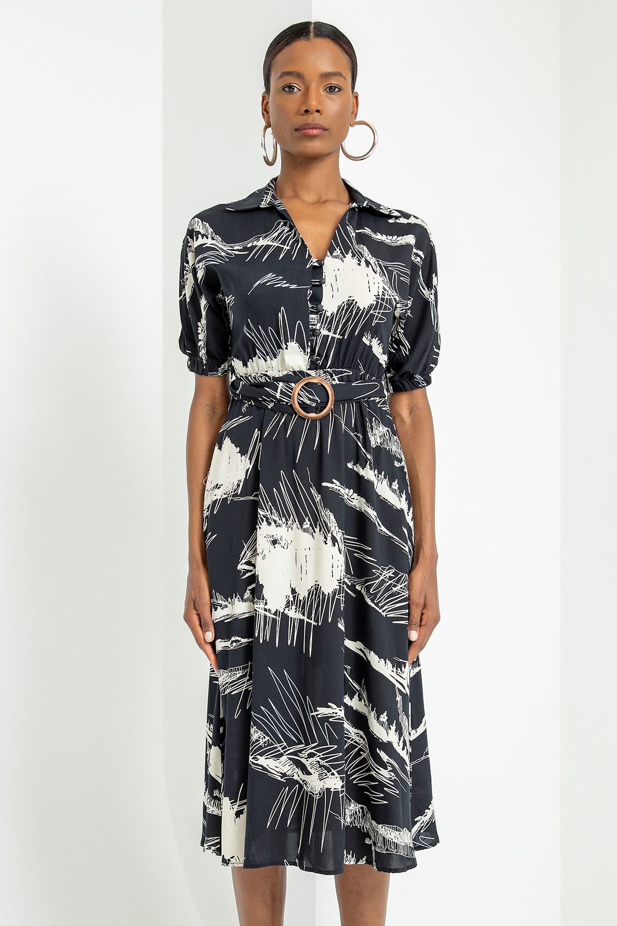 Viscose Fabric V-Neck Midi Mixed Print Women Dress With Belt - Black