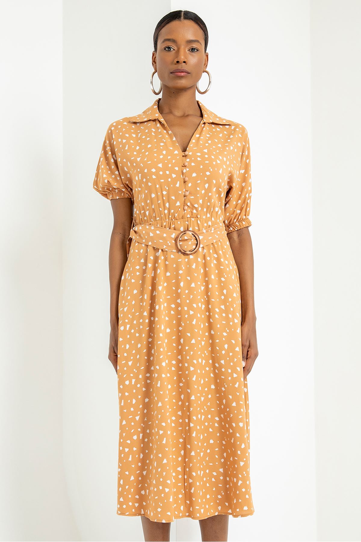 Viscose Fabric Elastic Sleeve Shirt Collar Midi Crispy Print Women Dress - Light Brown