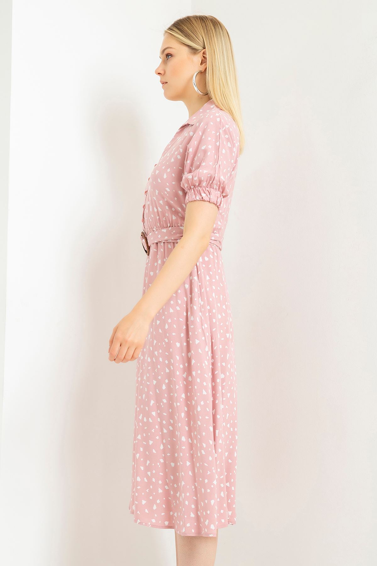 Viscose Fabric Elastic Sleeve Shirt Collar Midi Crispy Print Women Dress - Light Pink