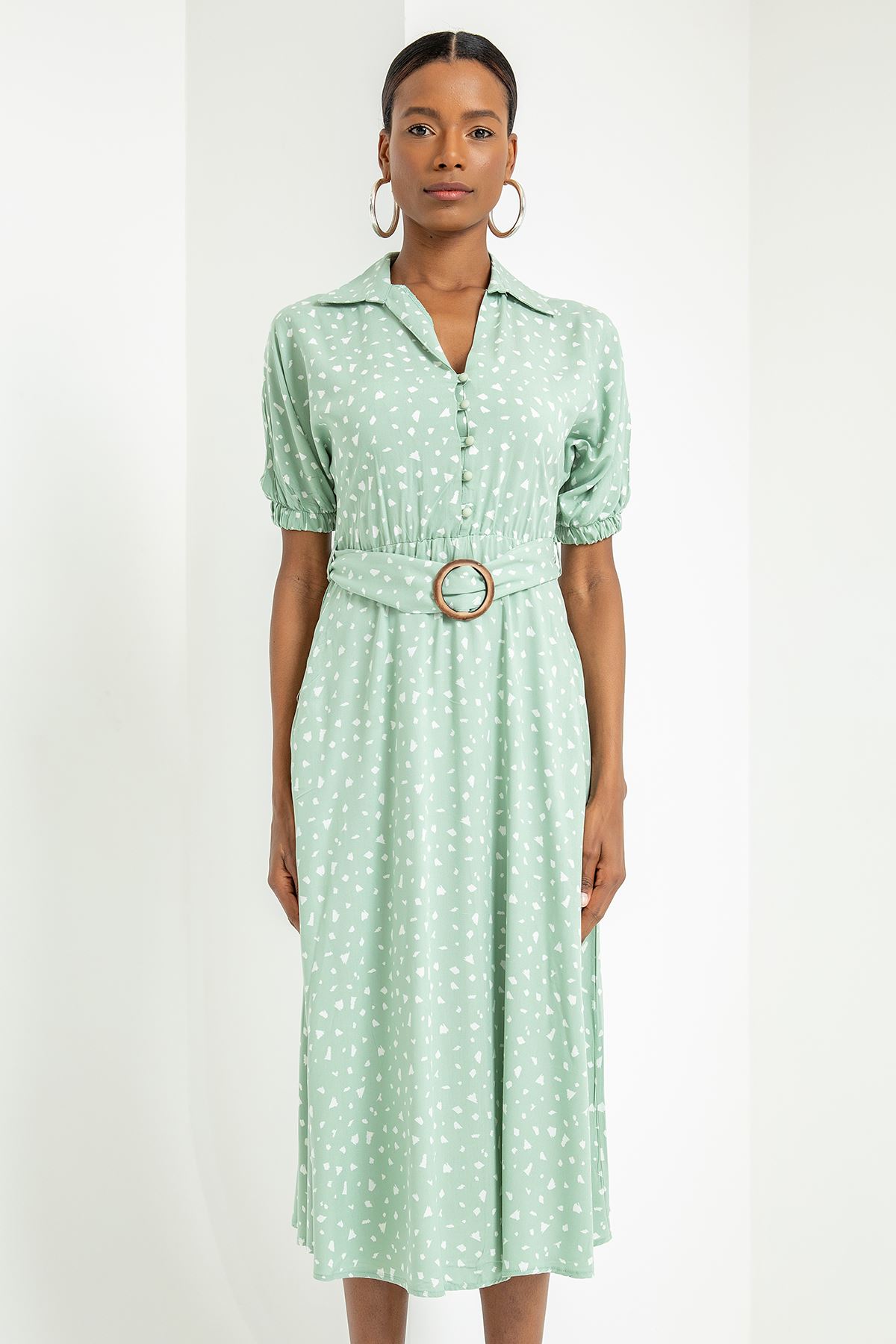 Viscose Fabric Elastic Sleeve Shirt Collar Midi Crispy Print Women Dress - Mint