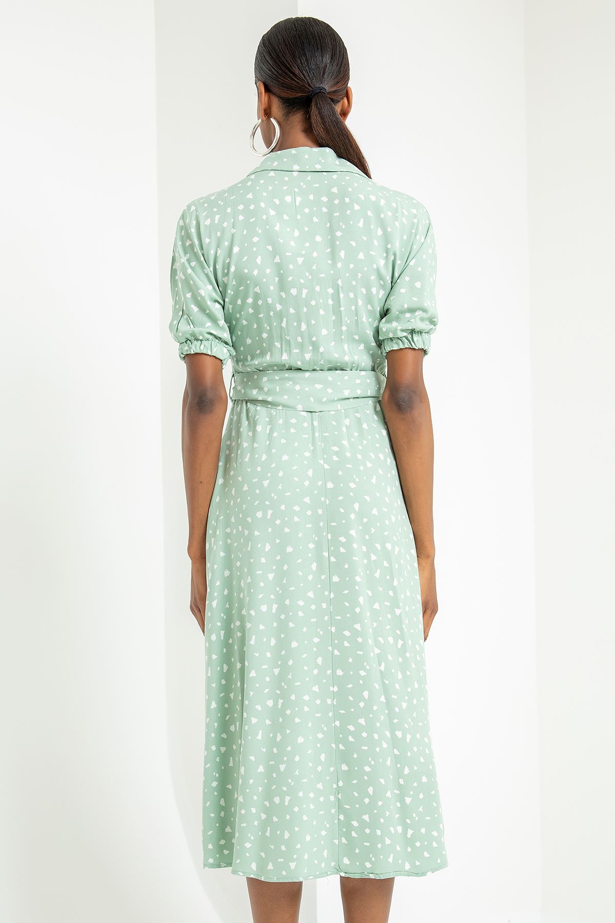 вискоза ткань отложной воротник Женское платье с эластичными рукавами - Ментоловый