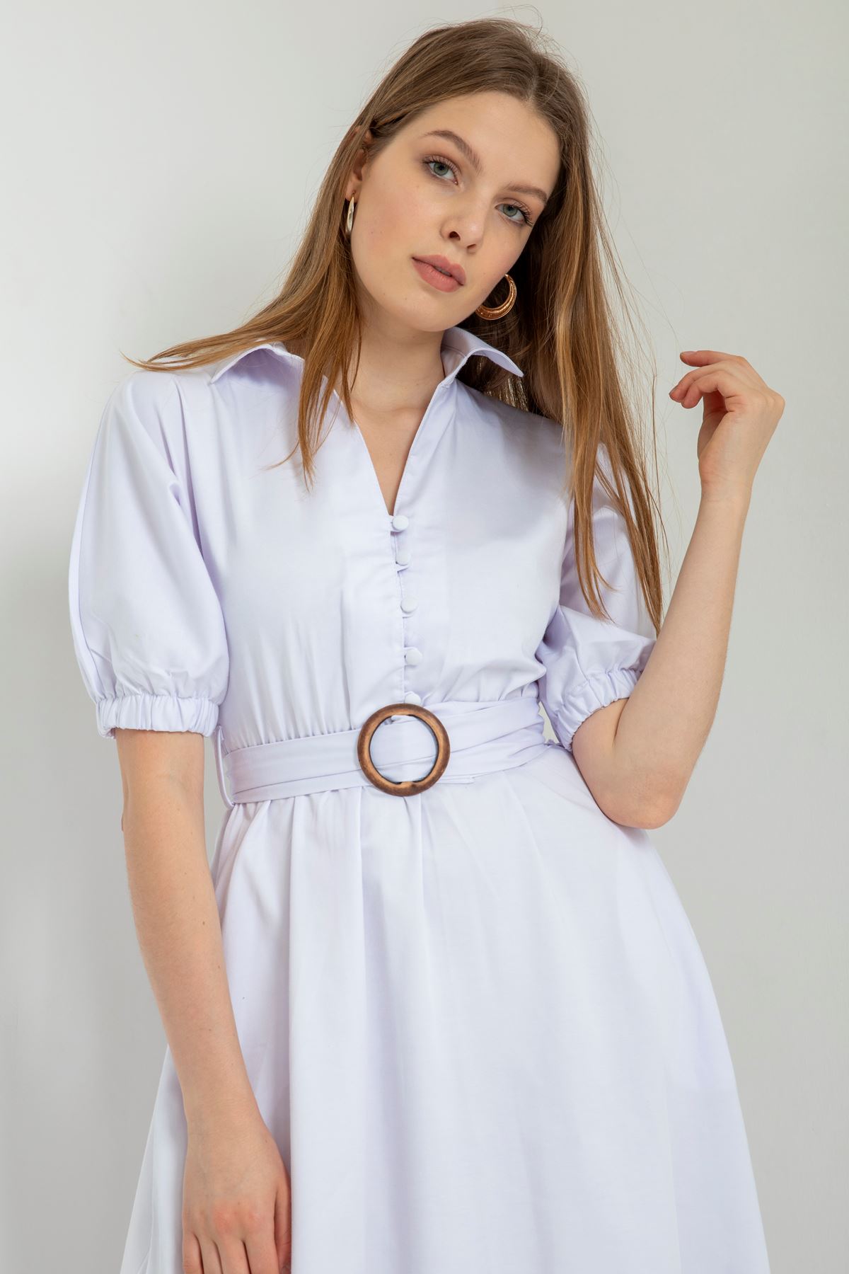 Эрика ткань отложной воротник Женское платье с эластичными рукавами - Молочный