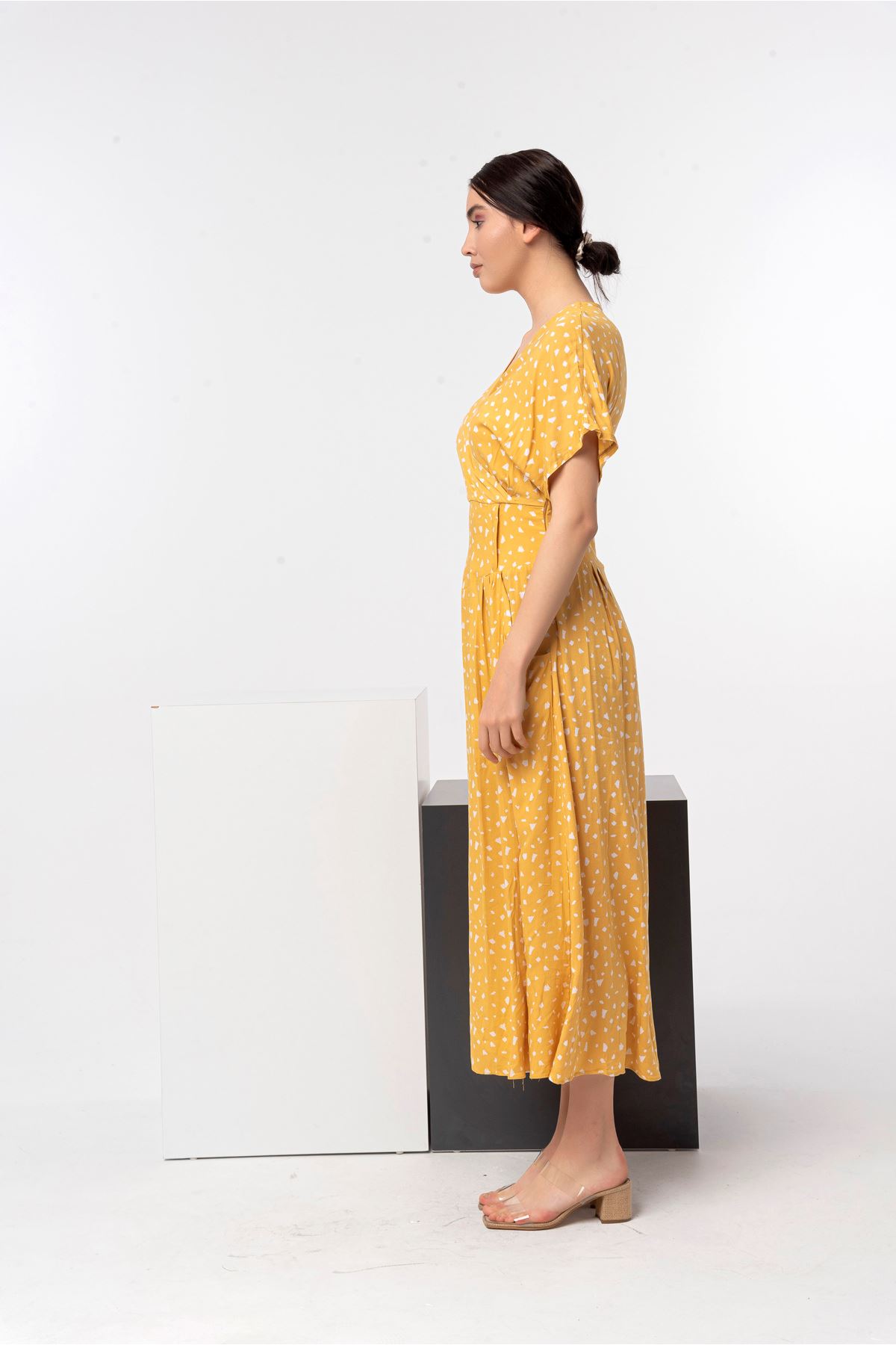 Viscose Fabric V-Neck Full Fit Bodice Waist Women Dress - Mustard