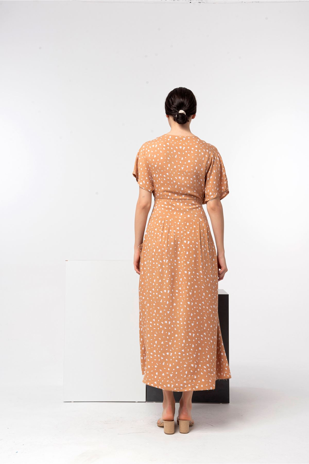 Viscose Fabric V-Neck Full Fit Bodice Waist Women Dress - Light Brown