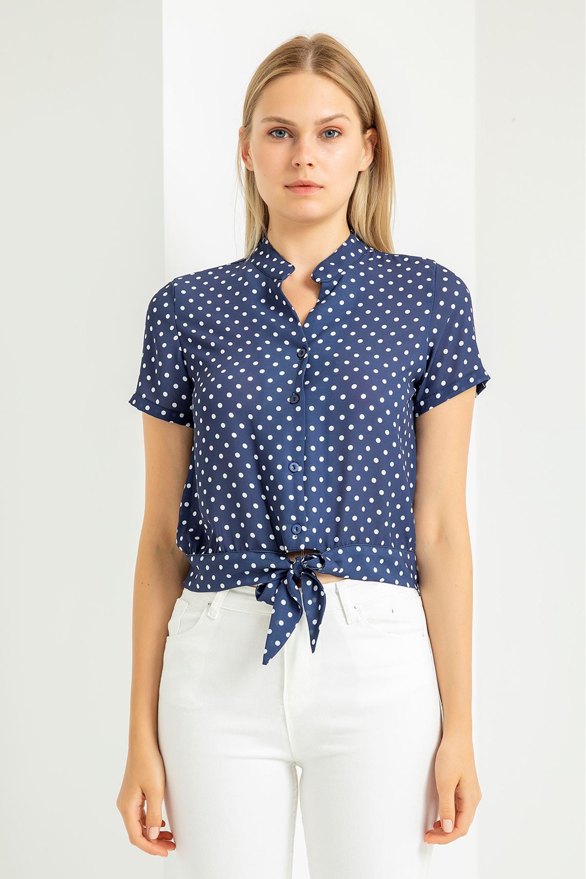 Jessica Blouse Long Sleeve Shirt Collar Dotted Print Blouse - Navy Blue 
