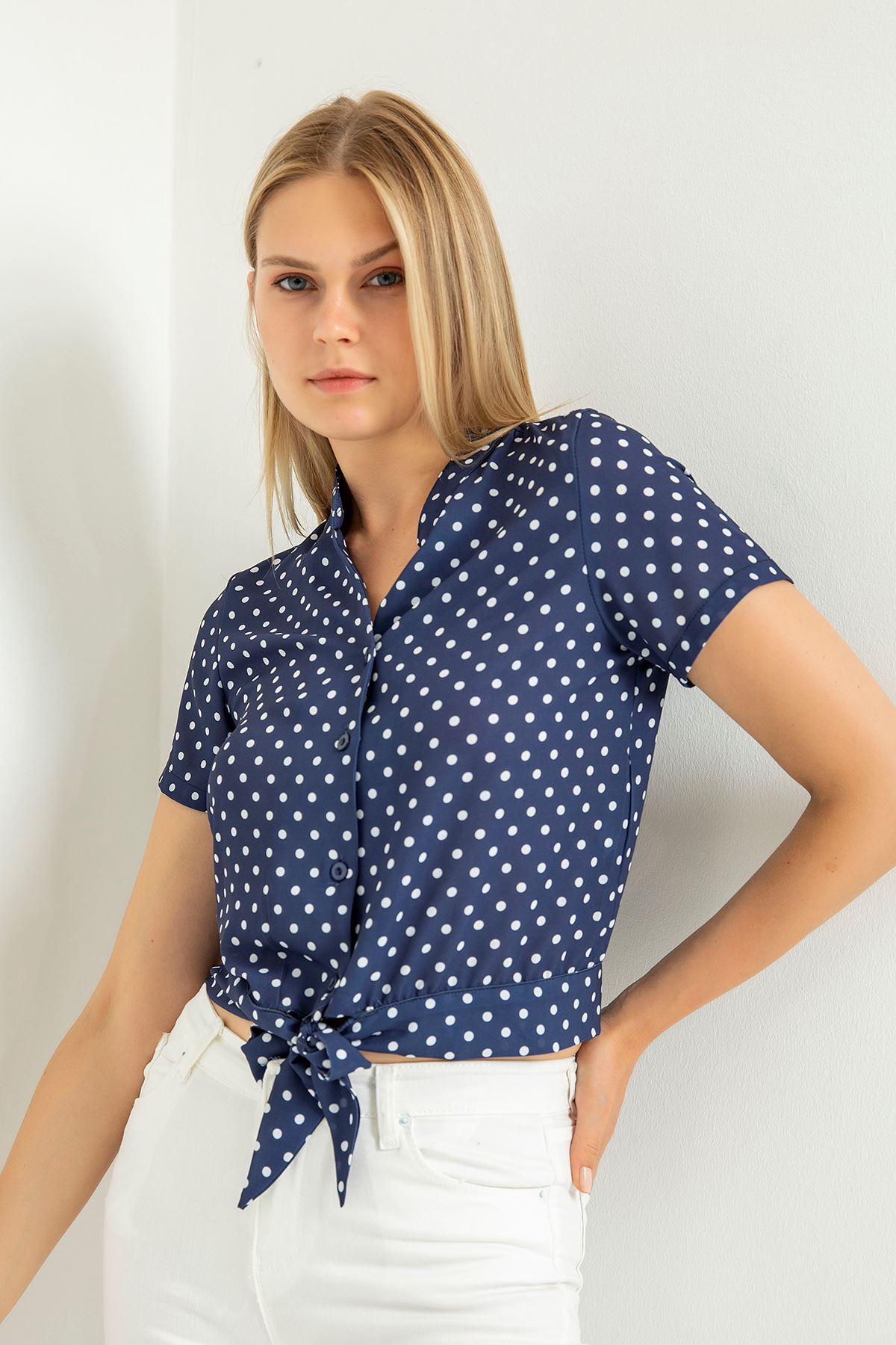 Jessica Blouse Long Sleeve Shirt Collar Dotted Print Blouse - Navy Blue 