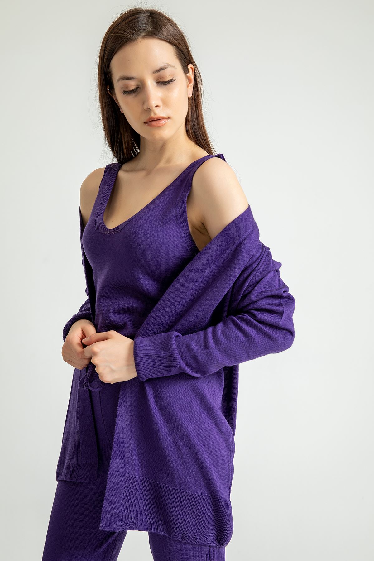 Knitwear Fabric Long Sleeve U-Neck Women'S Set 3 Pieces - Purple