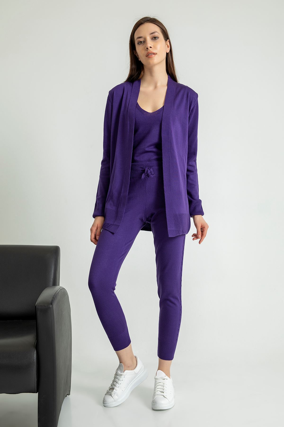 Knitwear Fabric Long Sleeve U-Neck Women'S Set 3 Pieces - Purple