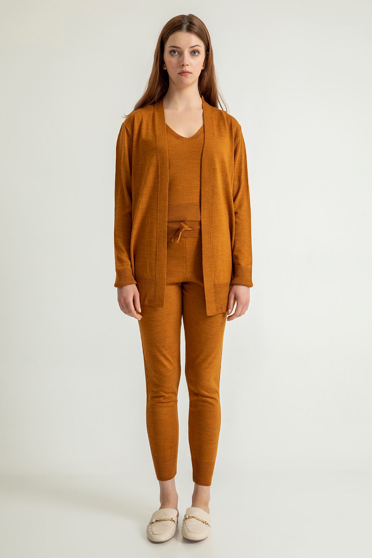 Knitwear Fabric Long Sleeve U-Neck Women'S Set 3 Pieces - Light Brown