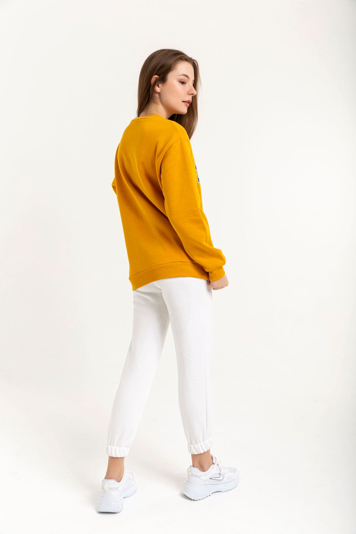Third Knit With Wool İnside Fabric Hip Height Inscribed Women Sweatshirt - Mustard