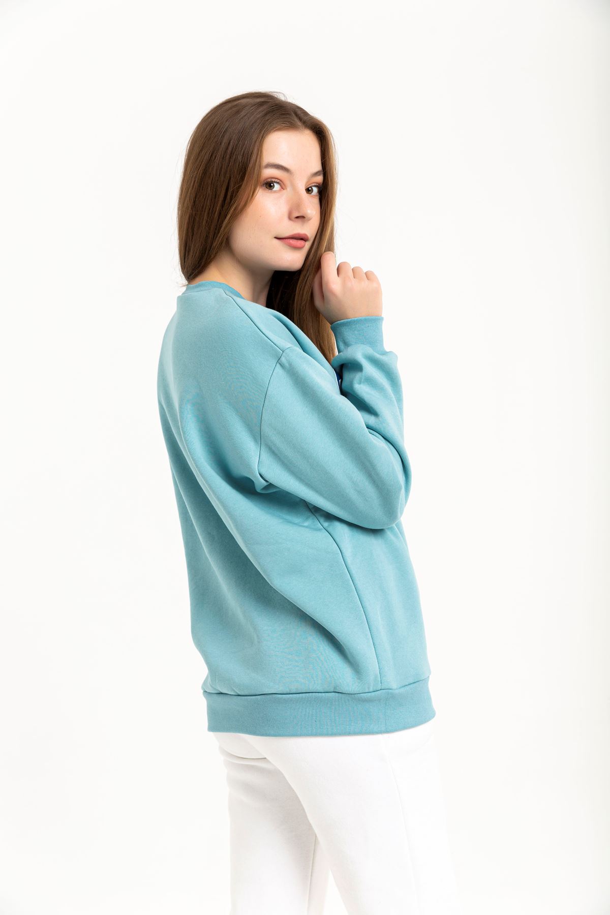 Third Knit With Wool İnside Fabric Hip Height Inscribed Women Sweatshirt - Blue