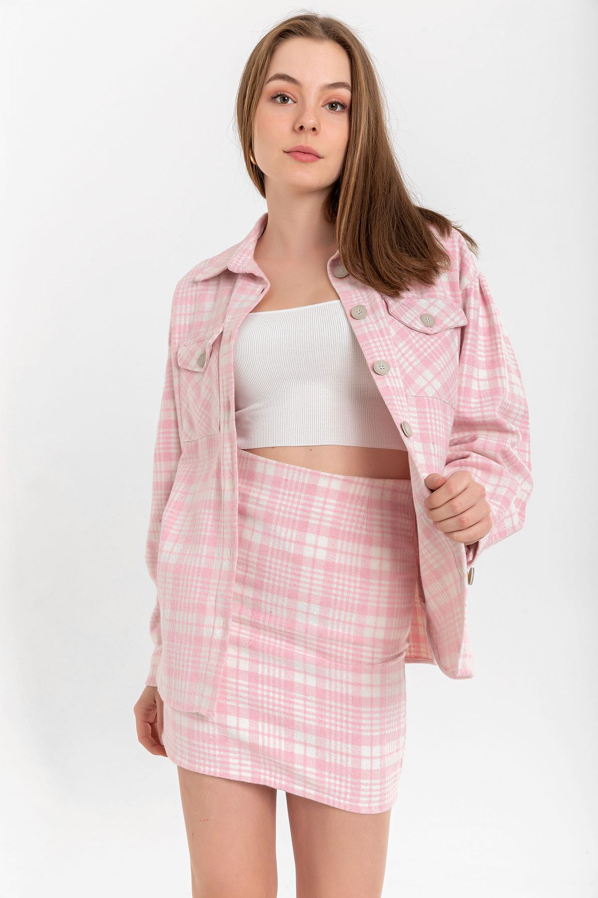 Lumberjack Fabric Tight Fit Striped Mini Skirt - Pink