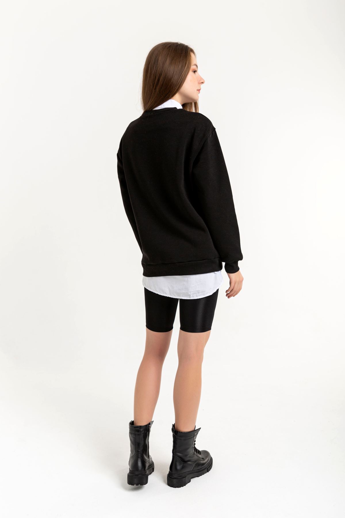 Şardonlu 3 İplik Kumaş Basen Boy Yazılı Kadın Sweatshirt-Siyah