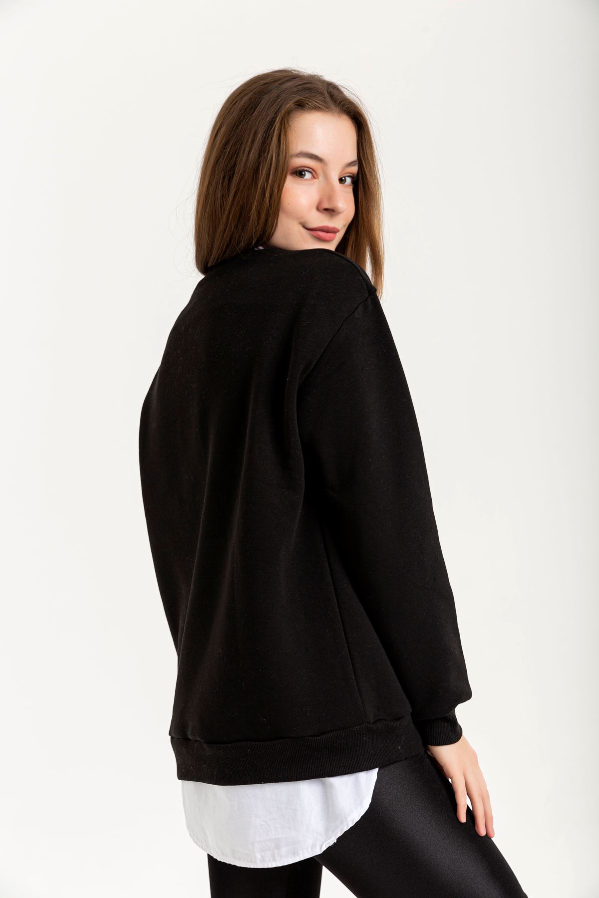 Third Knit With Wool İnside Fabric Hip Height Inscribed Women Sweatshirt - Black