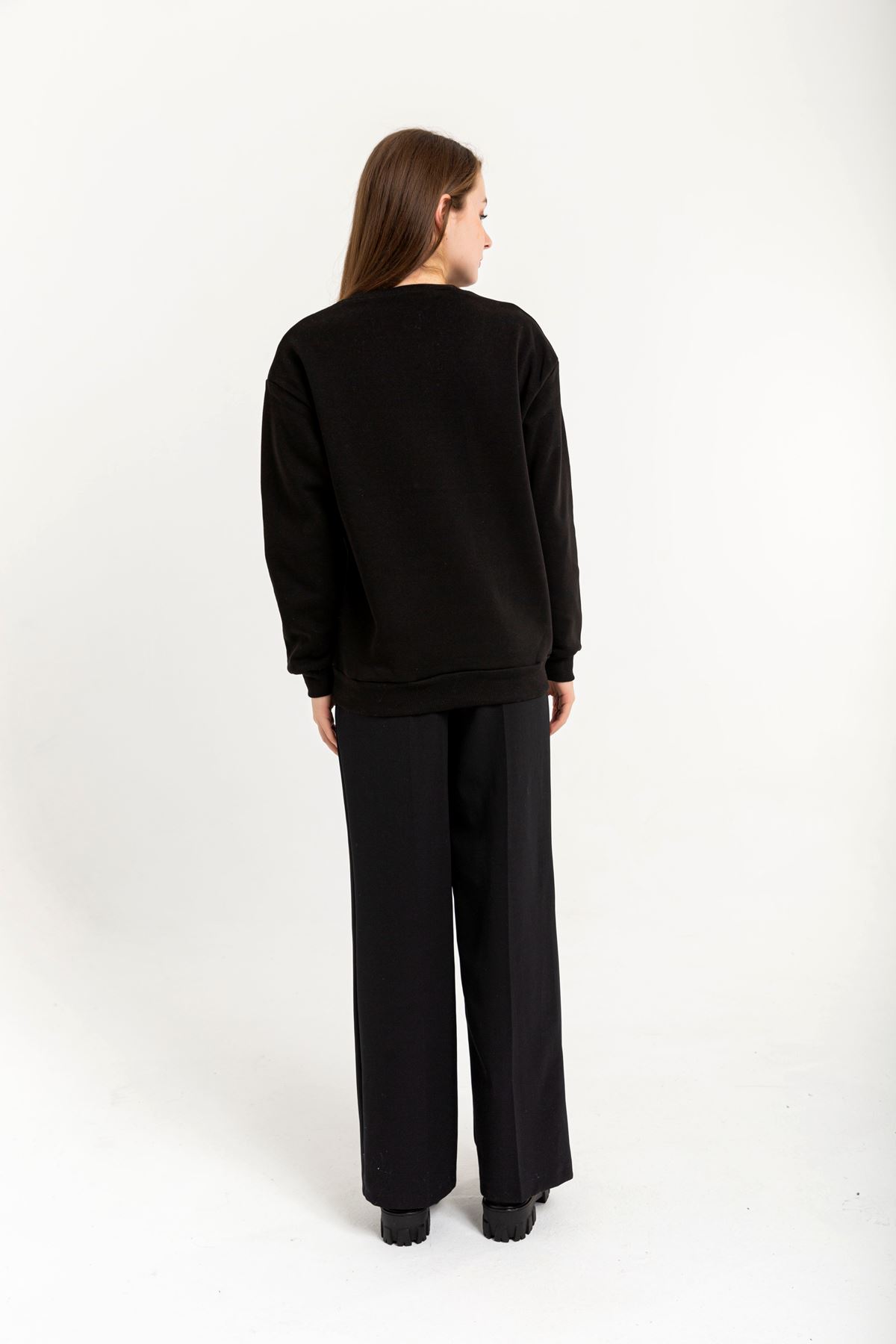Third Knit With Wool İnside Fabric Long Sleeve Bicycle Collar Women Sweatshirt - Black